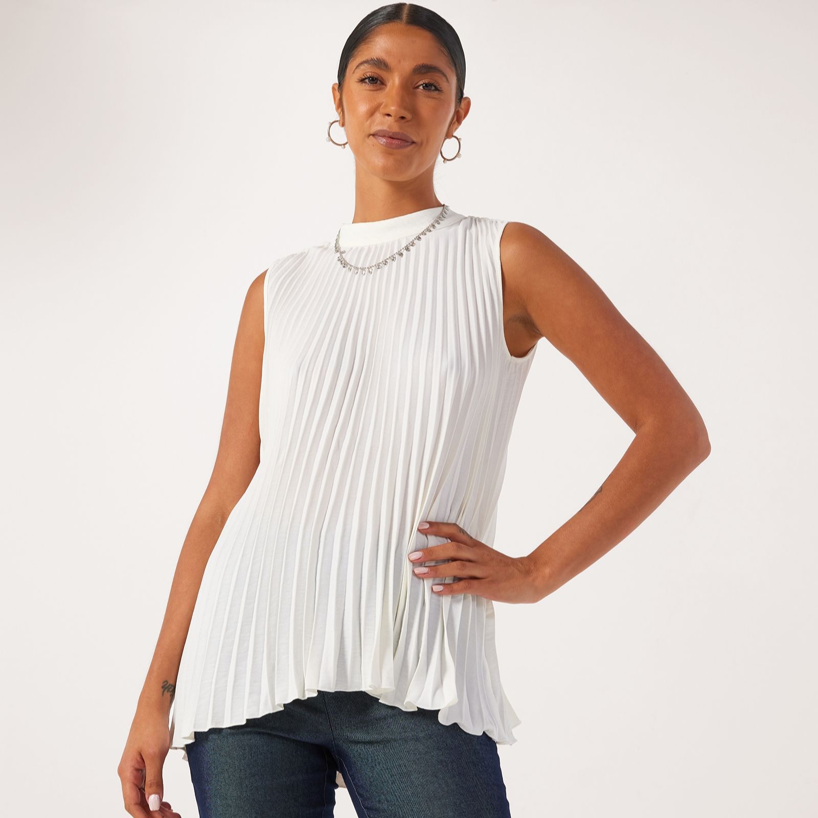 Nina Leonard Mock Neck Sleeveless Pleat Textured Wave High/Low Hem Top