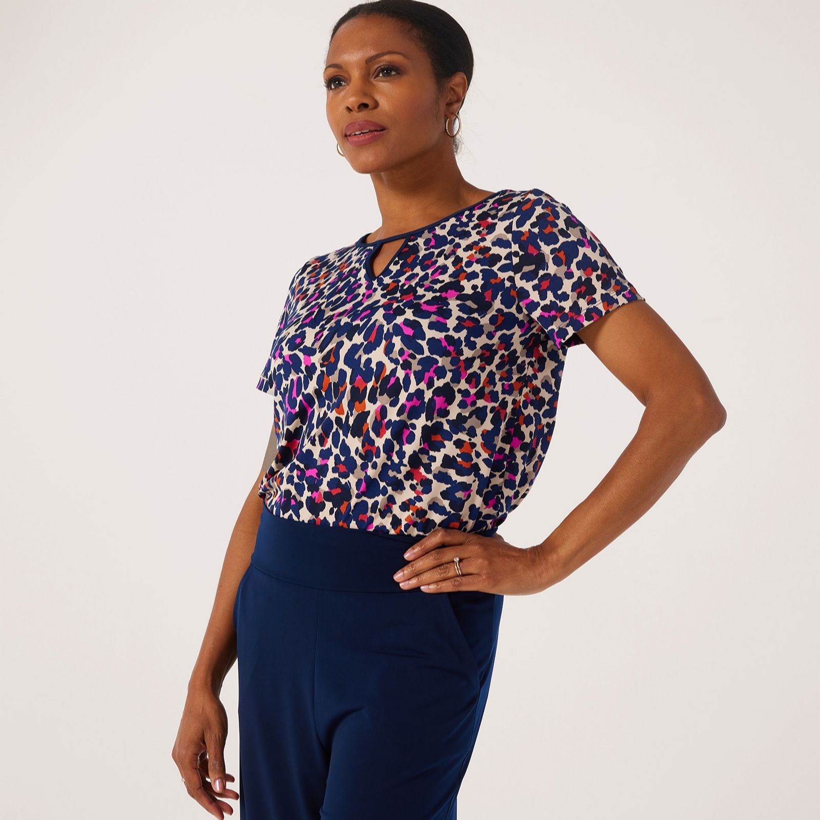 Kim & Co Printed Brazil Jersey Short Sleeve Keyhole Top