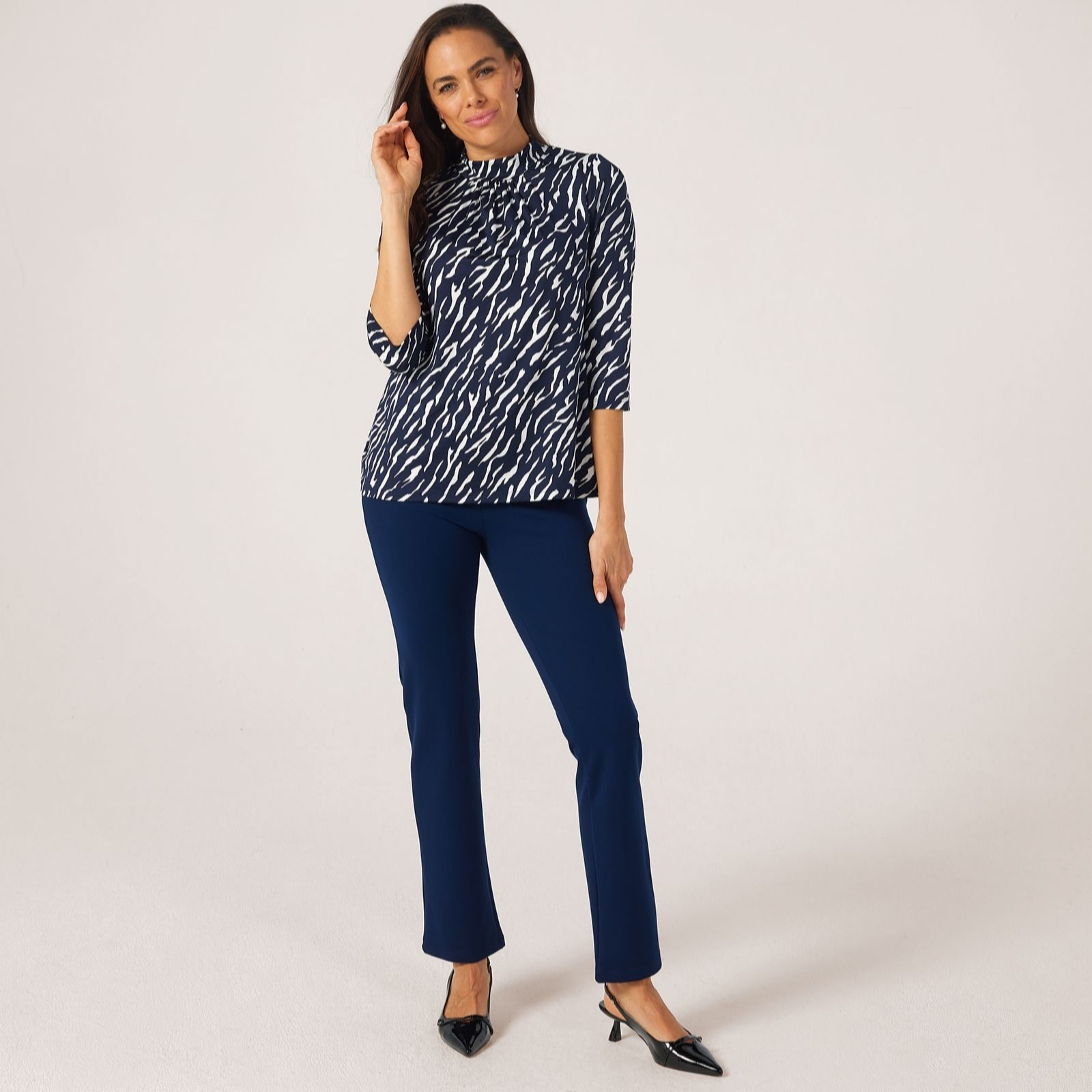 Kim & Co Printed Brazil Jersey 3/4 Length Sleeve High Neck Top