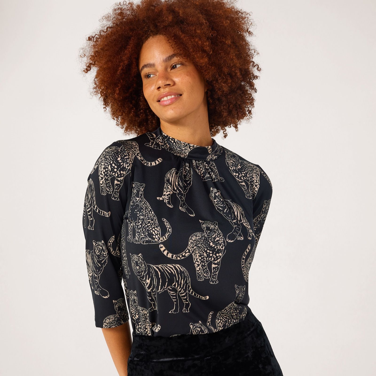 Kim & Co Printed Brazil Jersey 3/4 Length Sleeve High Neck Top