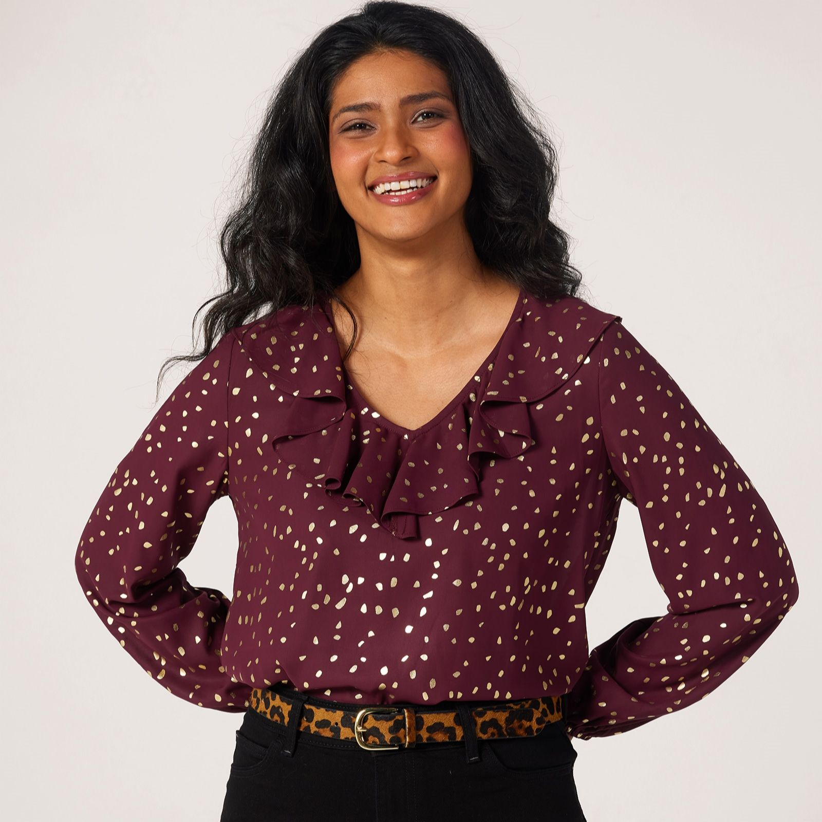 Apricot Frill-Edge Foil Print Blouse