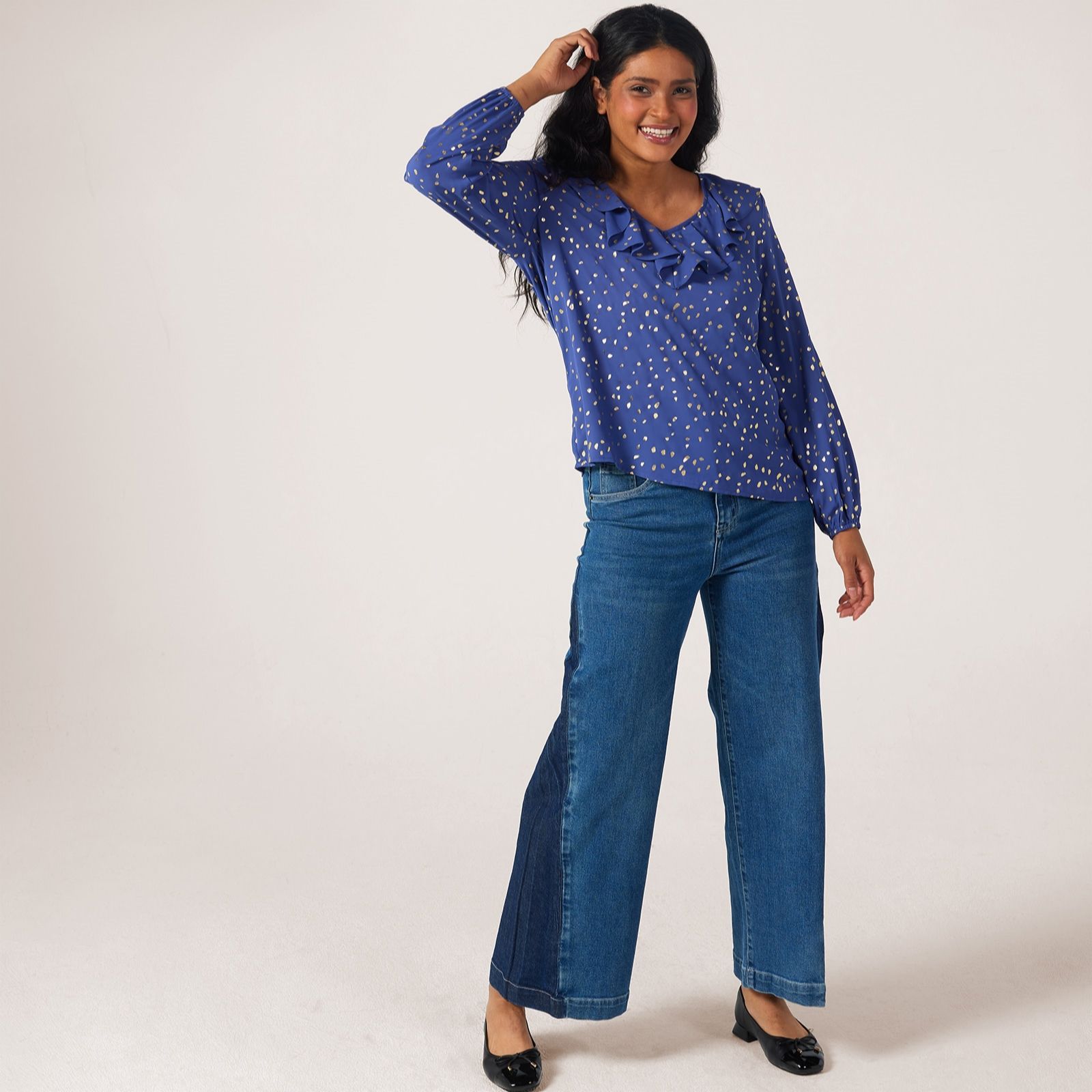 Apricot Frill-Edge Foil Print Blouse