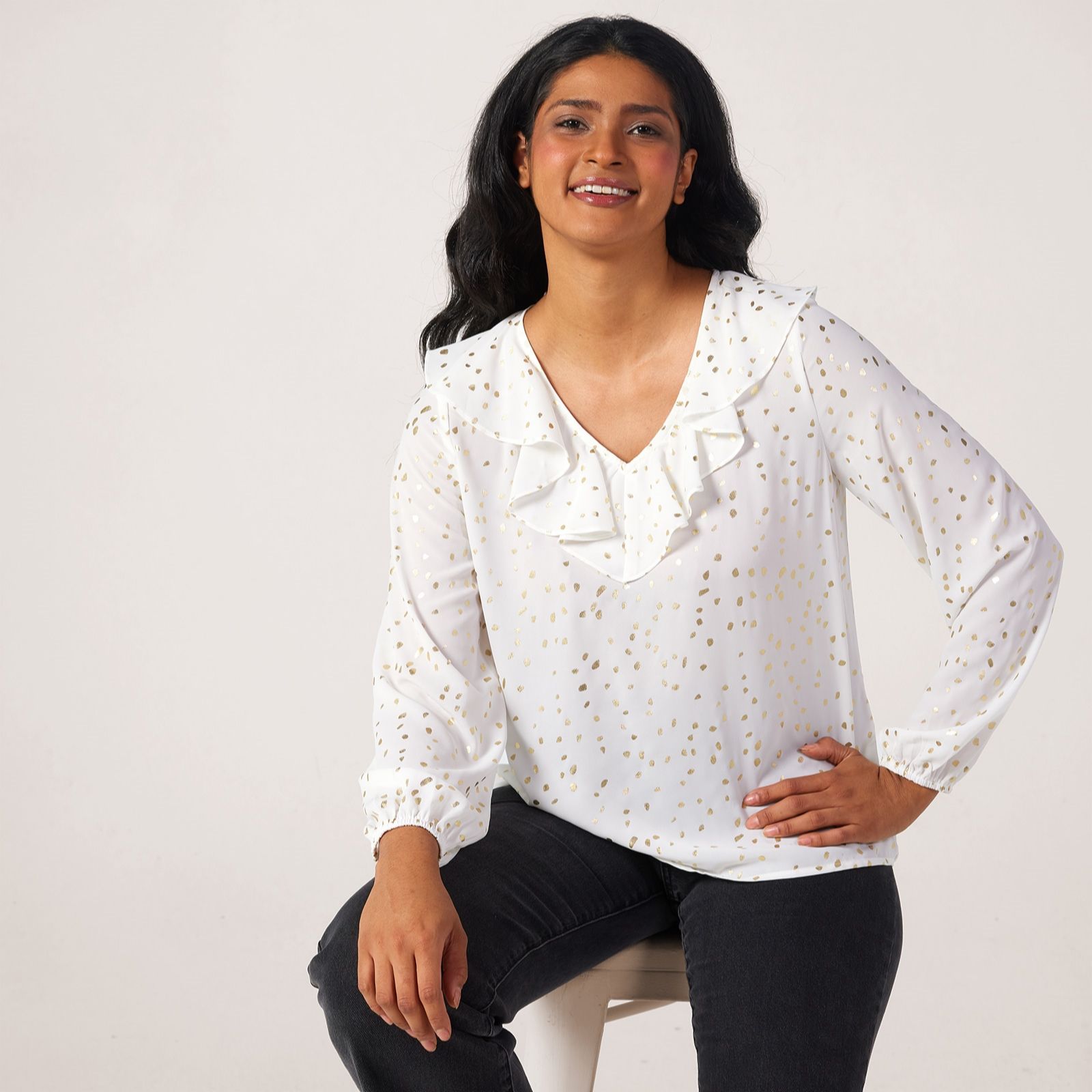 Apricot Frill-Edge Foil Print Blouse