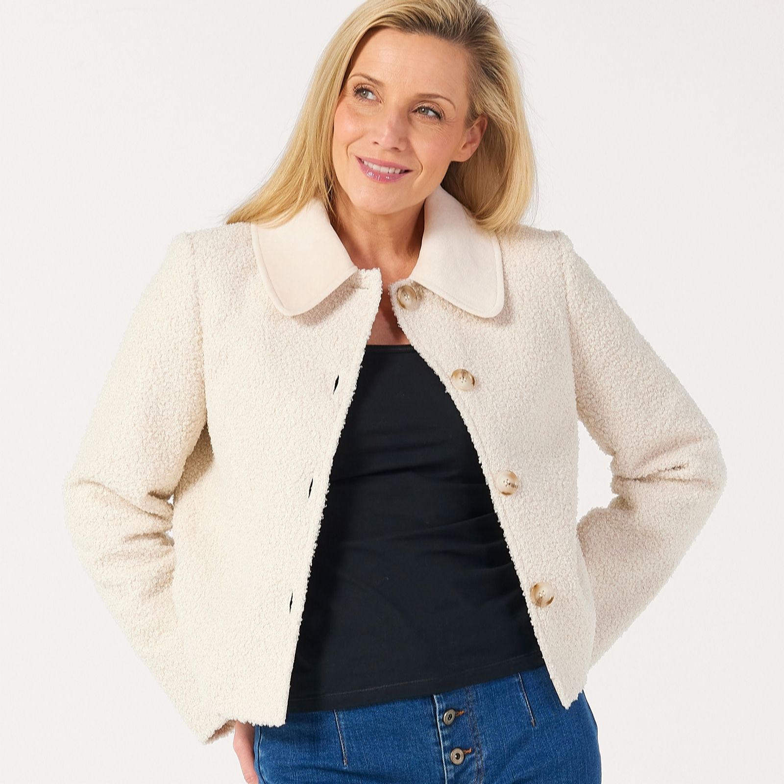 Helene Berman Super Soft Plush Jacket with Contrast Collar