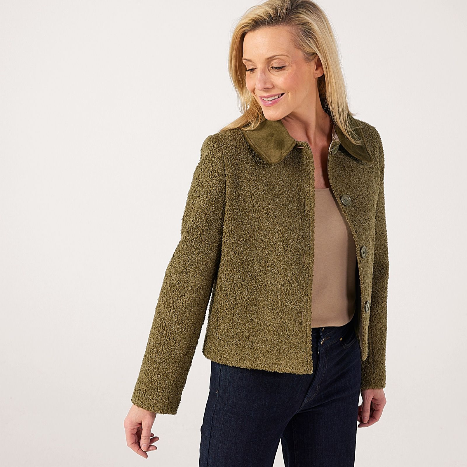 Helene Berman Super Soft Plush Jacket with Contrast Collar