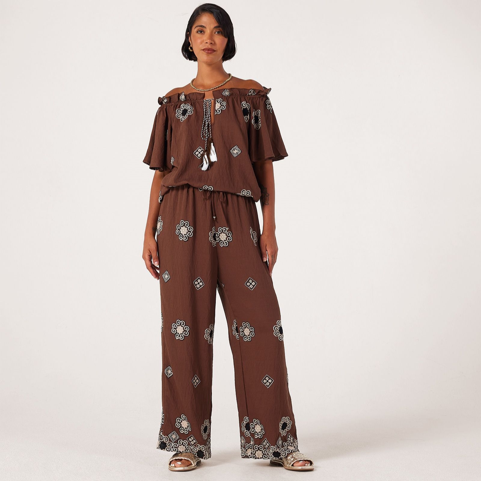 Malissa J Elasticated Drawstring Waist Embroidered Trouser