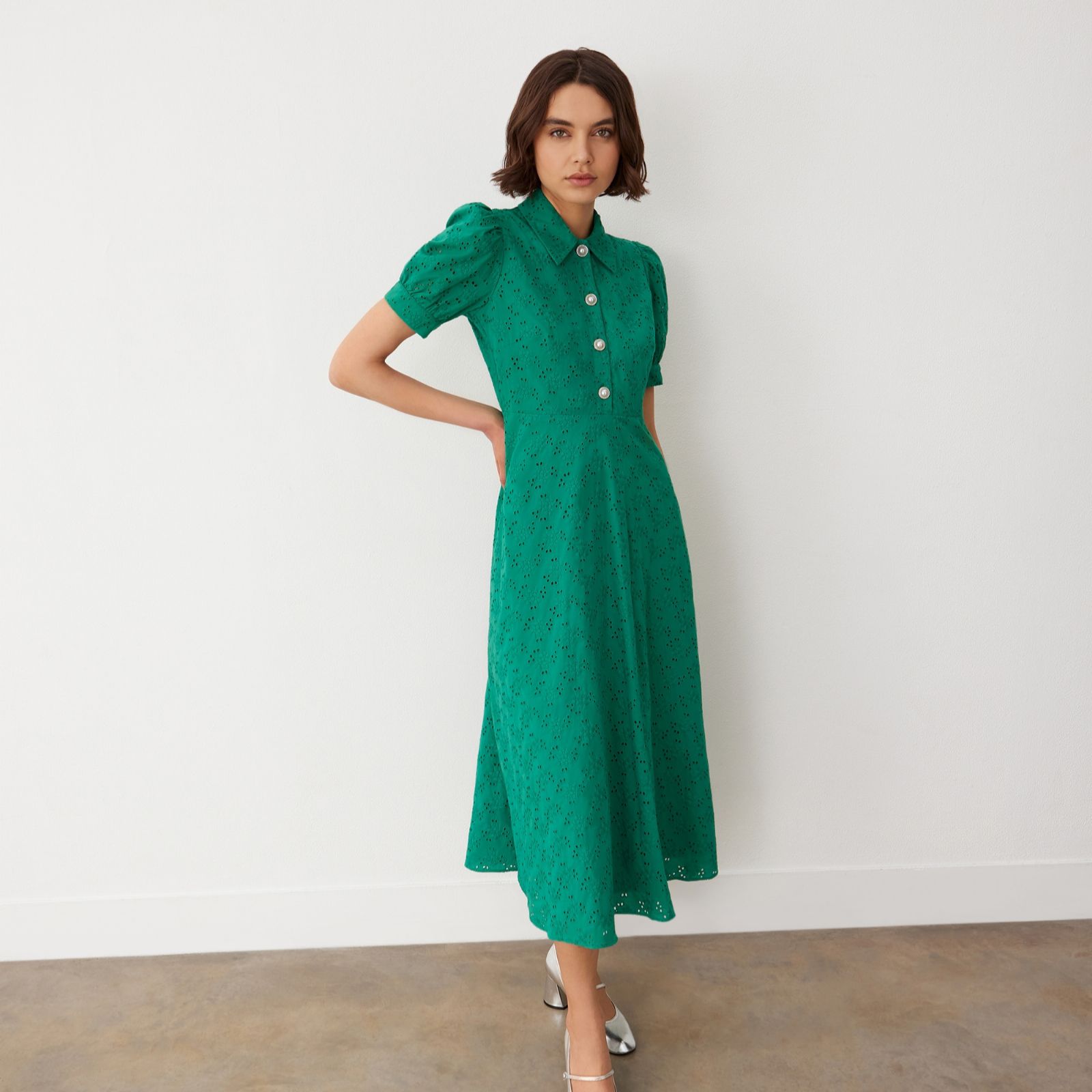 Finery Nora Cotton Eyelet Broderie Dress Pearl Buttons - QVC UK