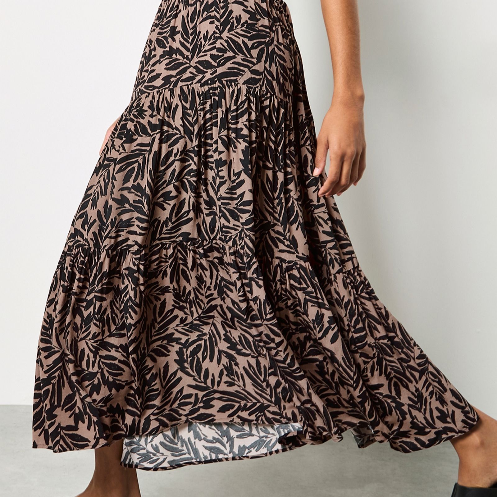 Apricot Tiered Leafprint Maxi Skirt
