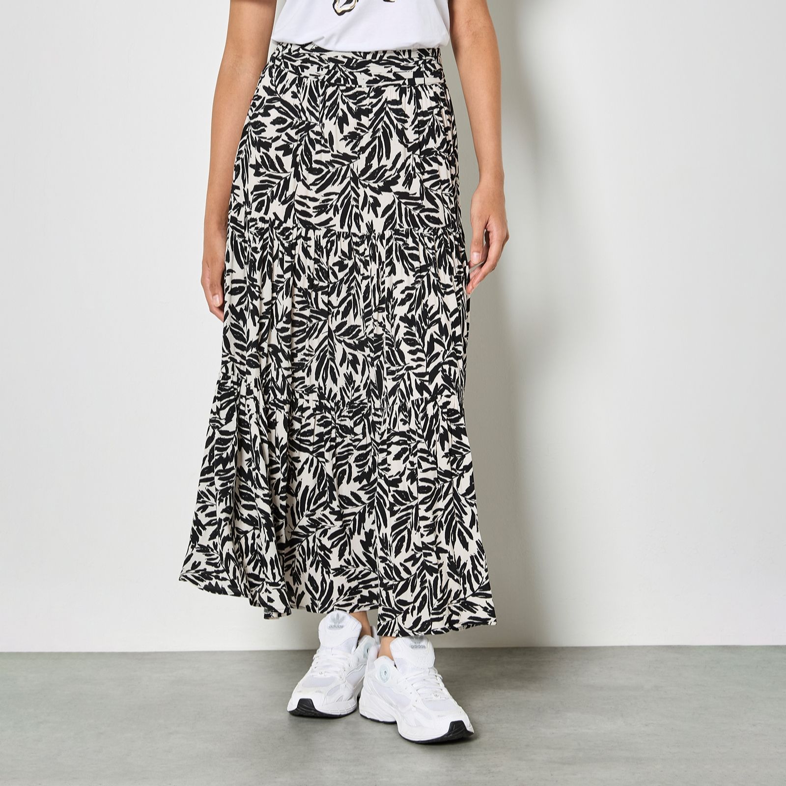 Apricot Tiered Leafprint Maxi Skirt