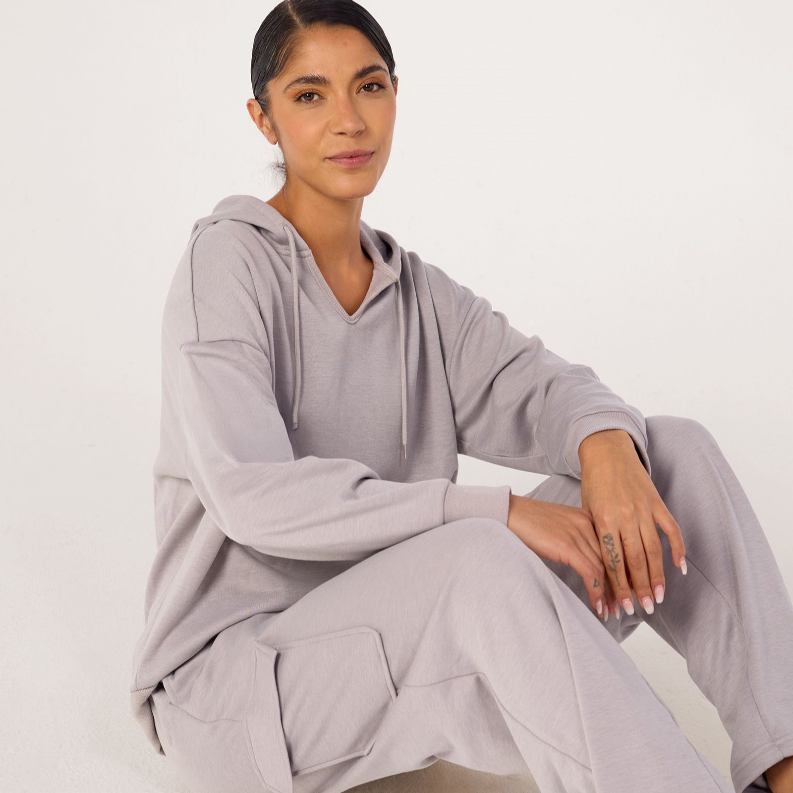 Cozee Home Marl Jersey Plush LS Hoodie & Cargo Set