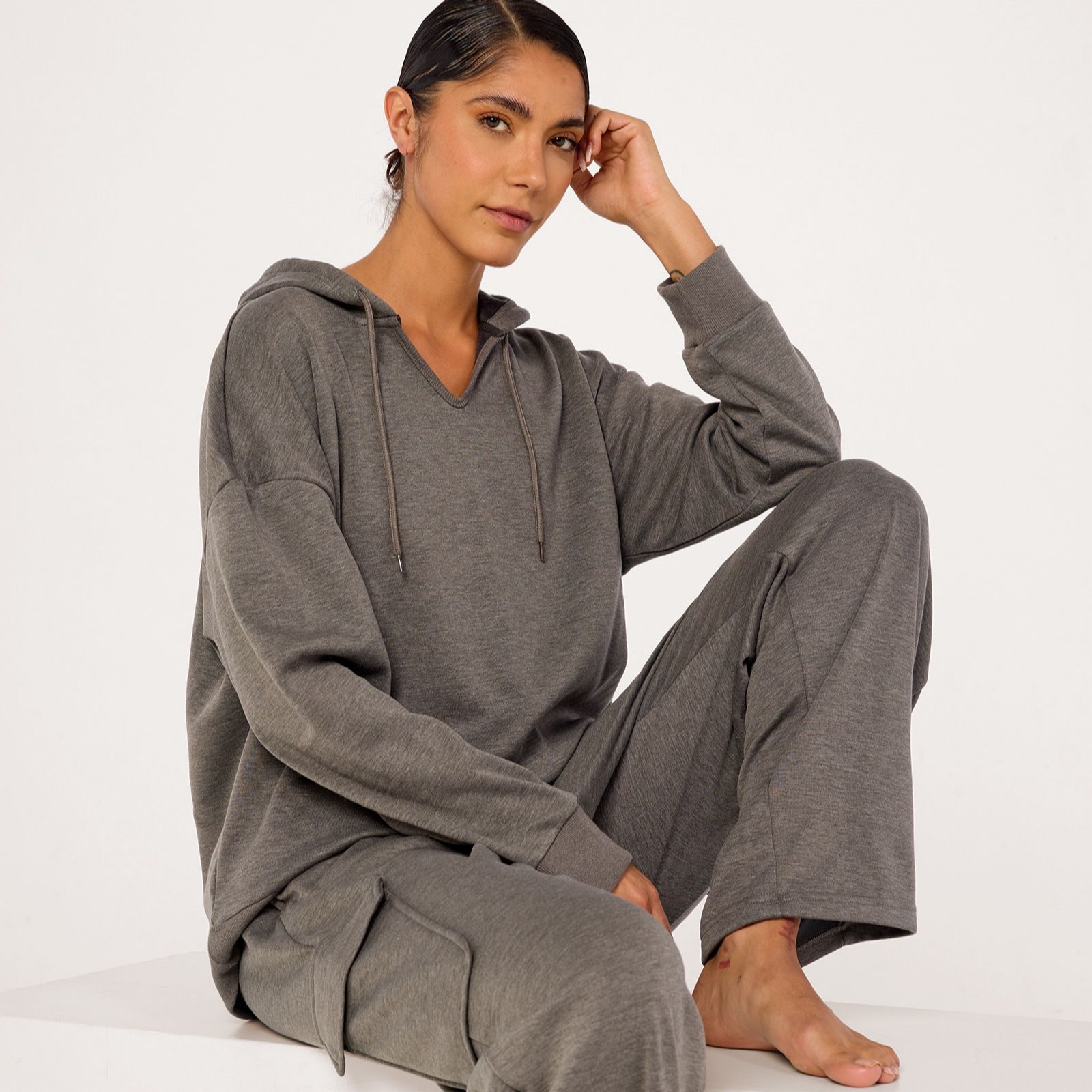 Cozee Home Marl Jersey Plush LS Hoodie & Cargo Set