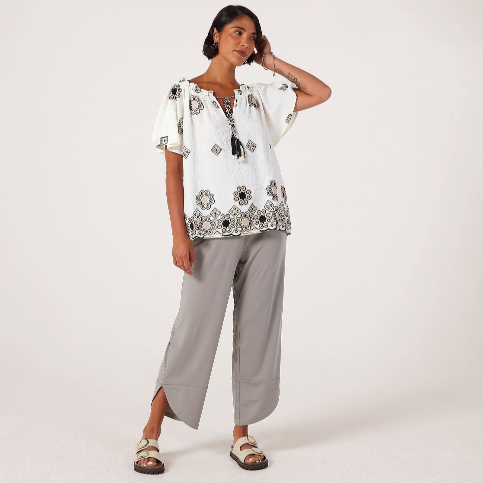 Malissa J Short Sleeve Embroidered Top With Ruffle Neck & Tie