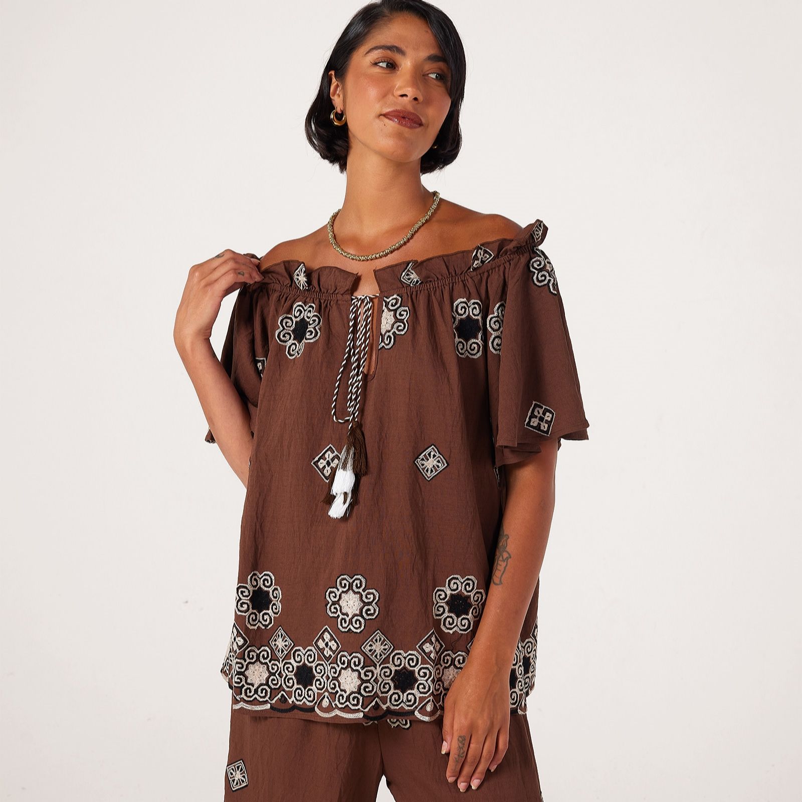 Malissa J Short Sleeve Embroidered Top With Ruffle Neck & Tie