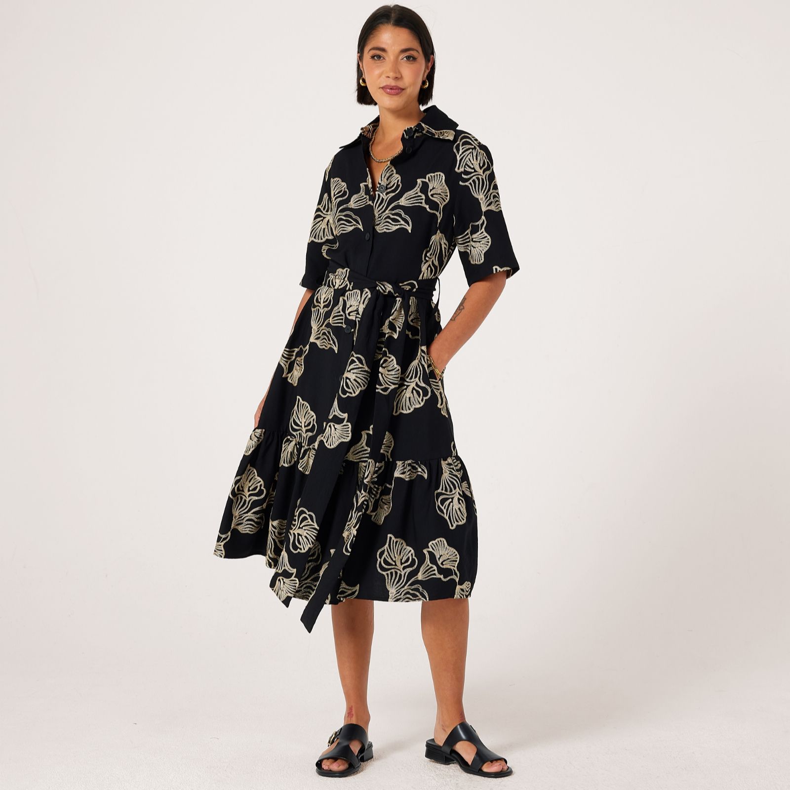 Helene Berman Embroidered Tropical Flower Shirt Dress with Frill Sleeve