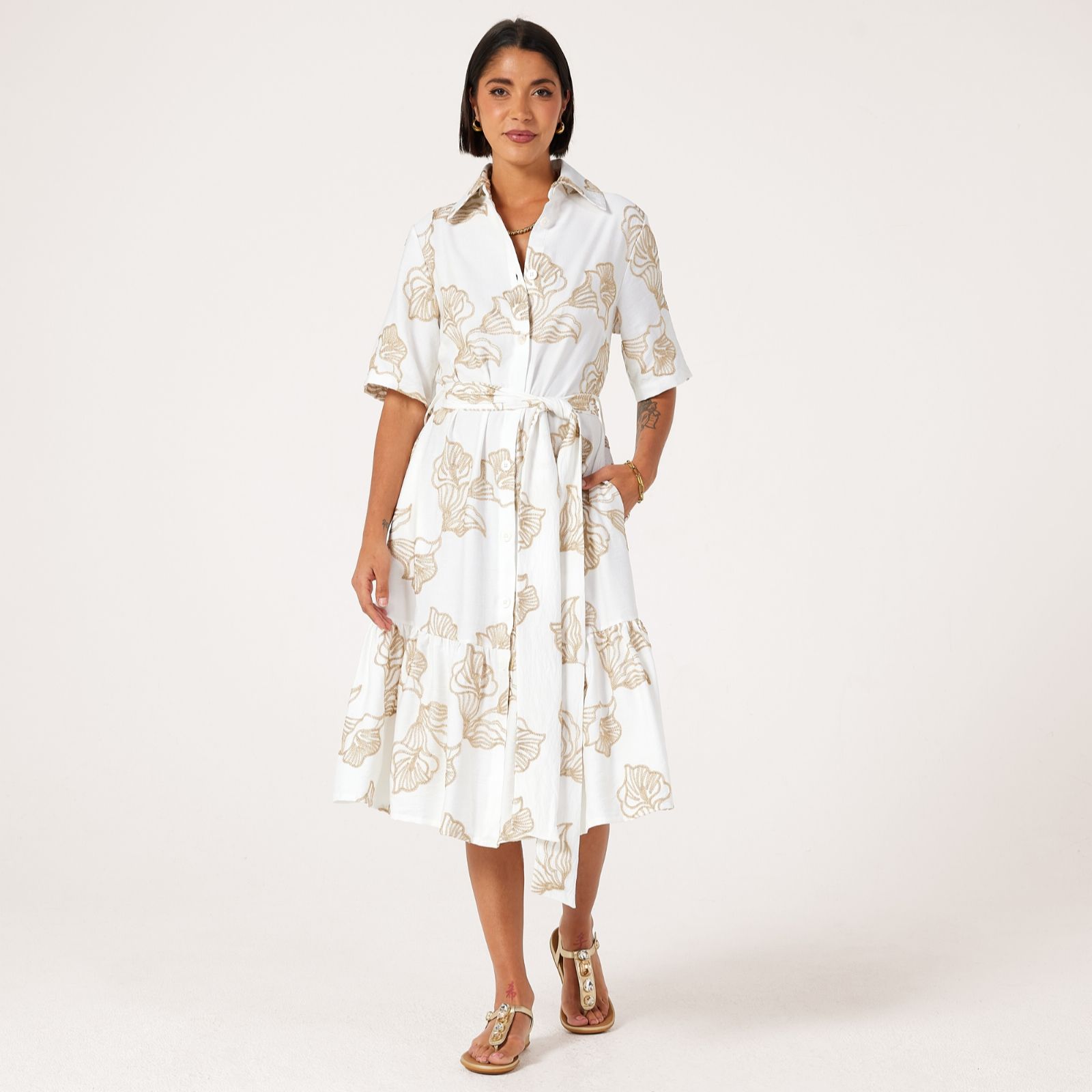 Helene Berman Embroidered Tropical Flower Shirt Dress with Frill Sleeve