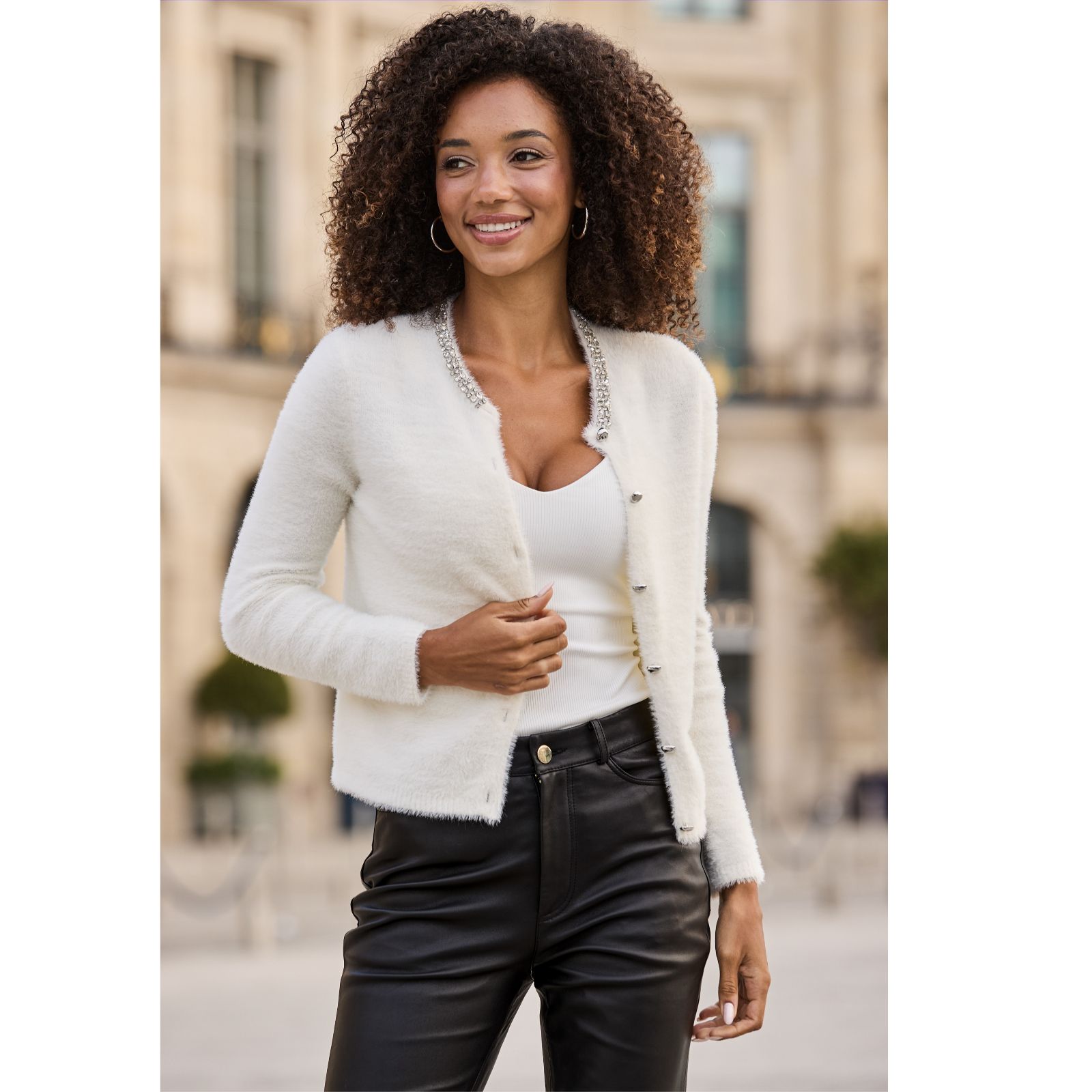 Sosandar Embellished Crew Neck Cardigan