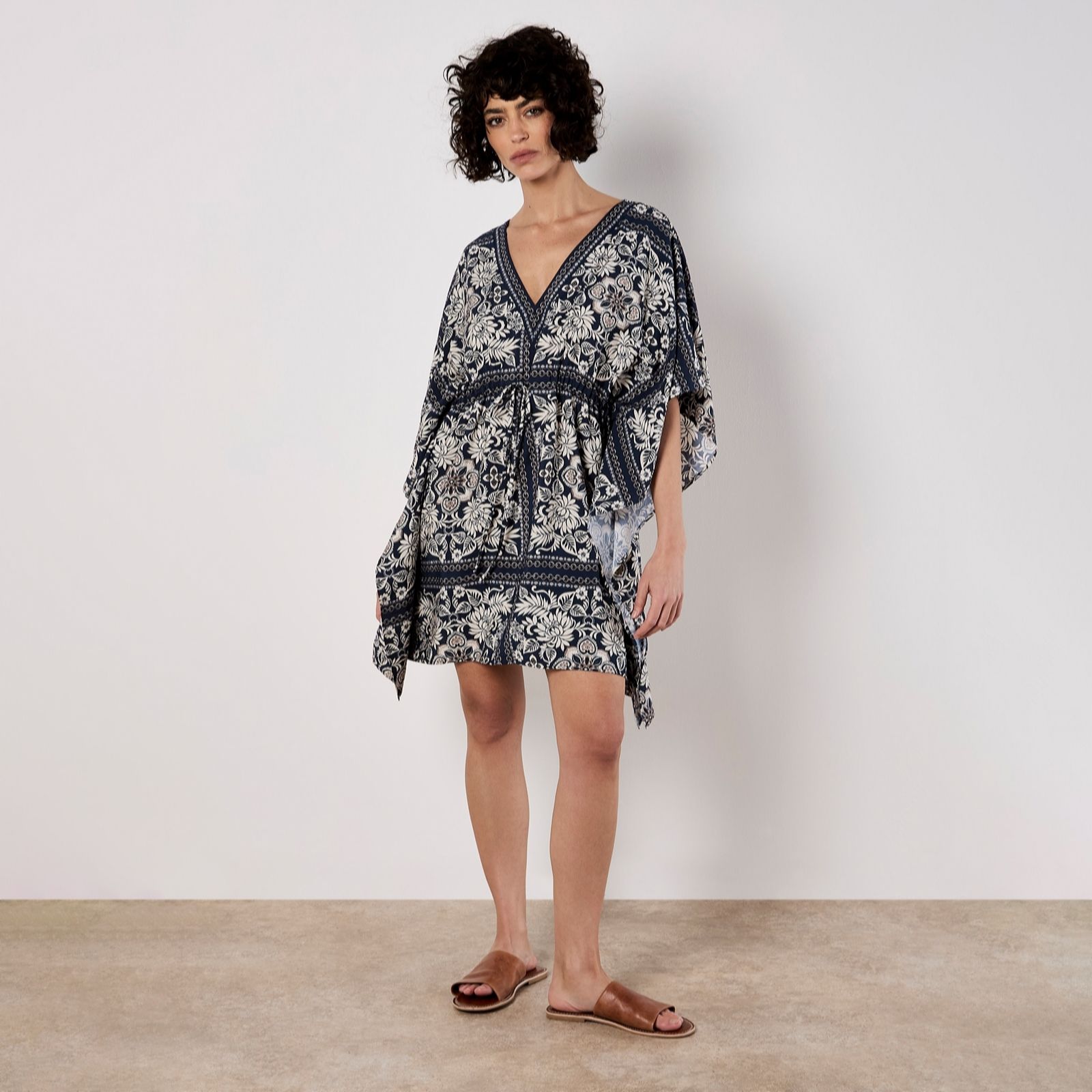 Apricot Kimono Scarf Print Dress
