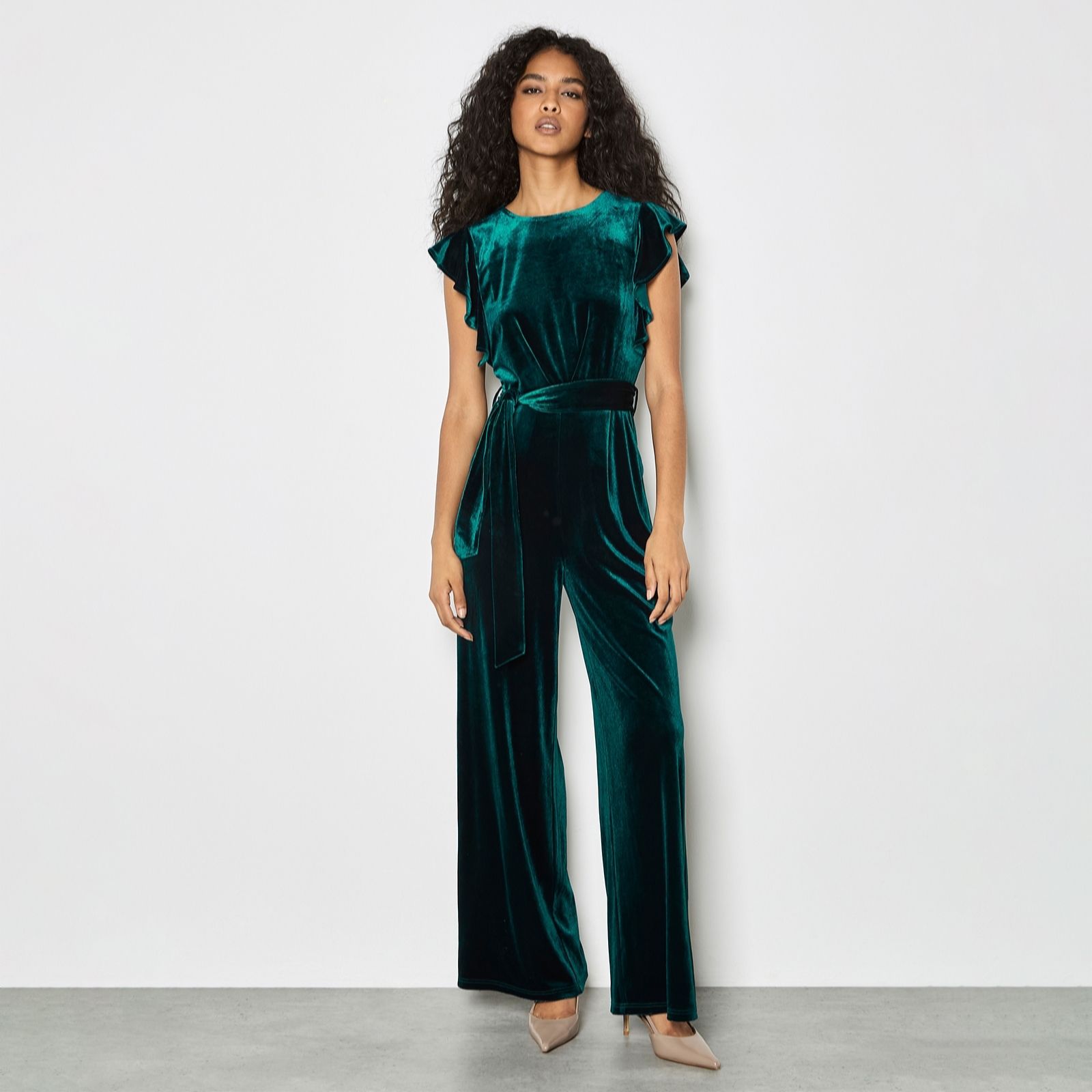 Apricot Velvet Ruffle Sleeve Jumpsuit