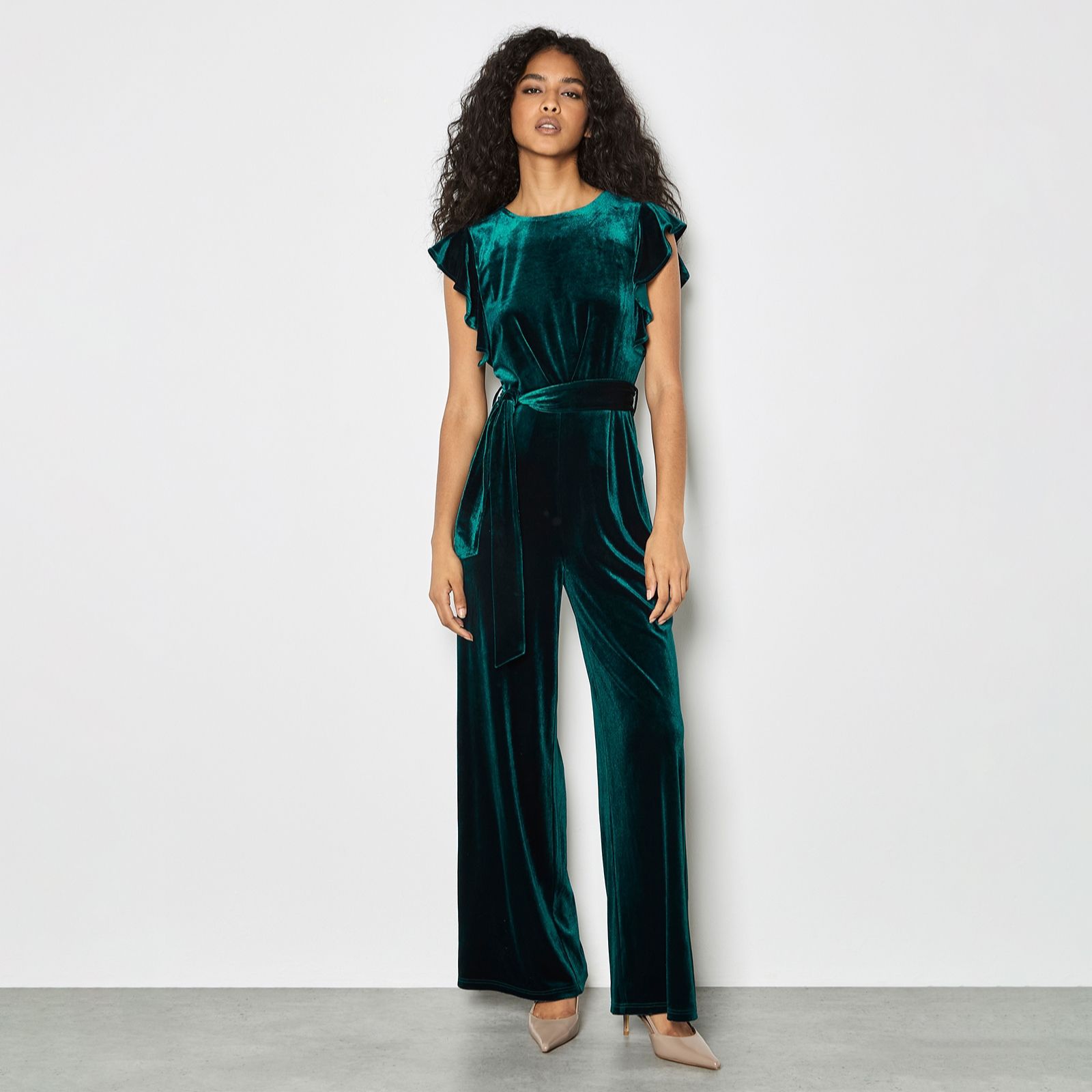 Apricot Velvet Ruffle Sleeve Jumpsuit