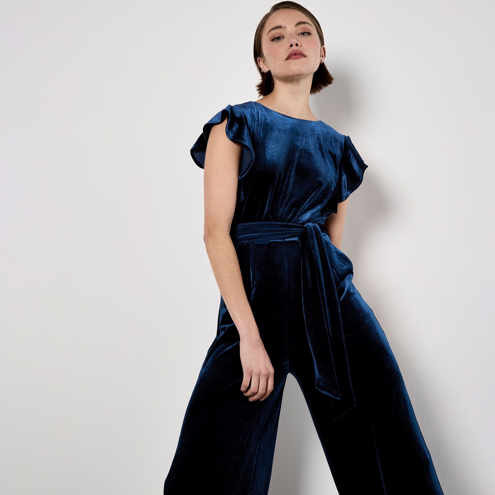 Apricot Velvet Ruffle Sleeve Jumpsuit