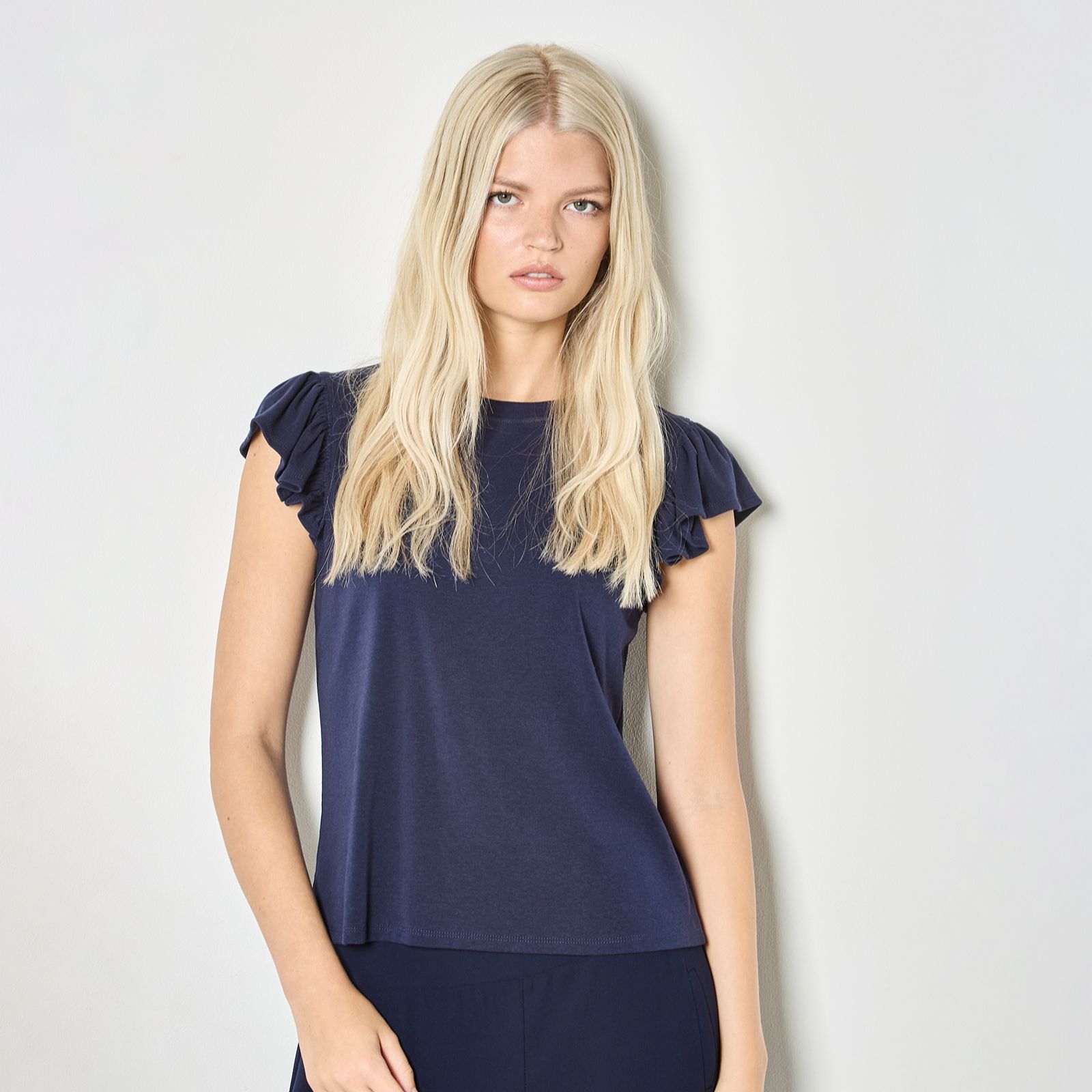 Apricot Fine Rib Ruffle Sleeve Top