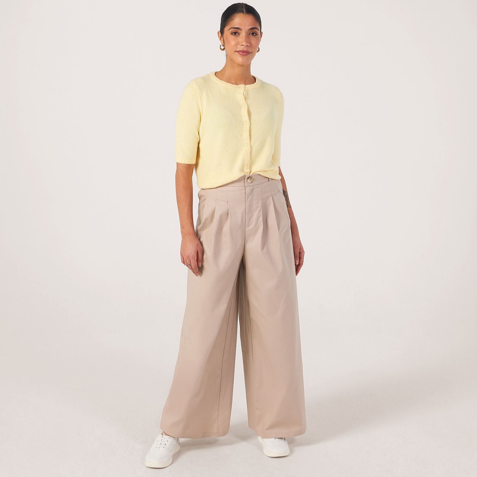 Helene Berman Cotton Stretch Front Pleat Wide-Leg Trousers
