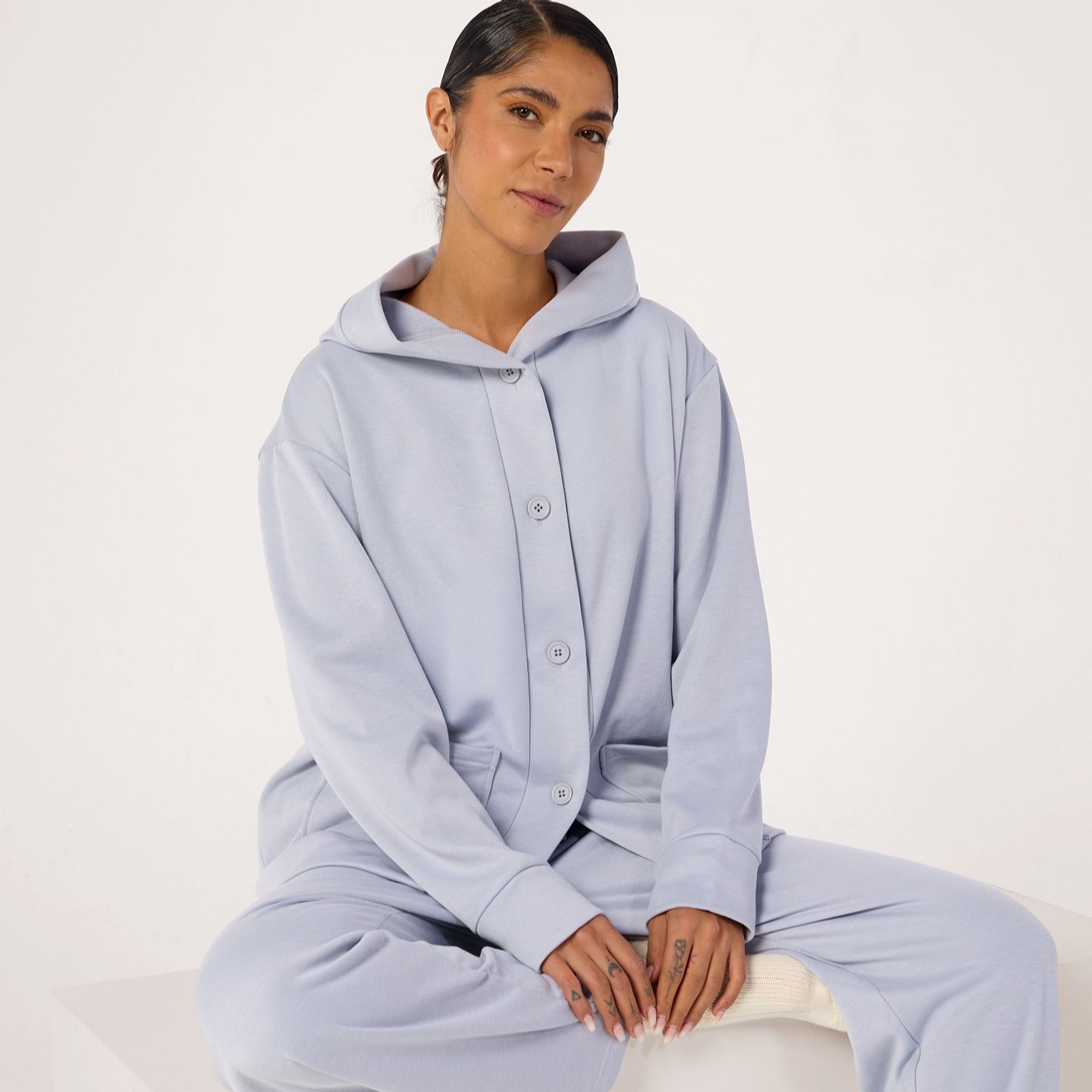 Cozee Home Jersey Plush Button Hooded Set