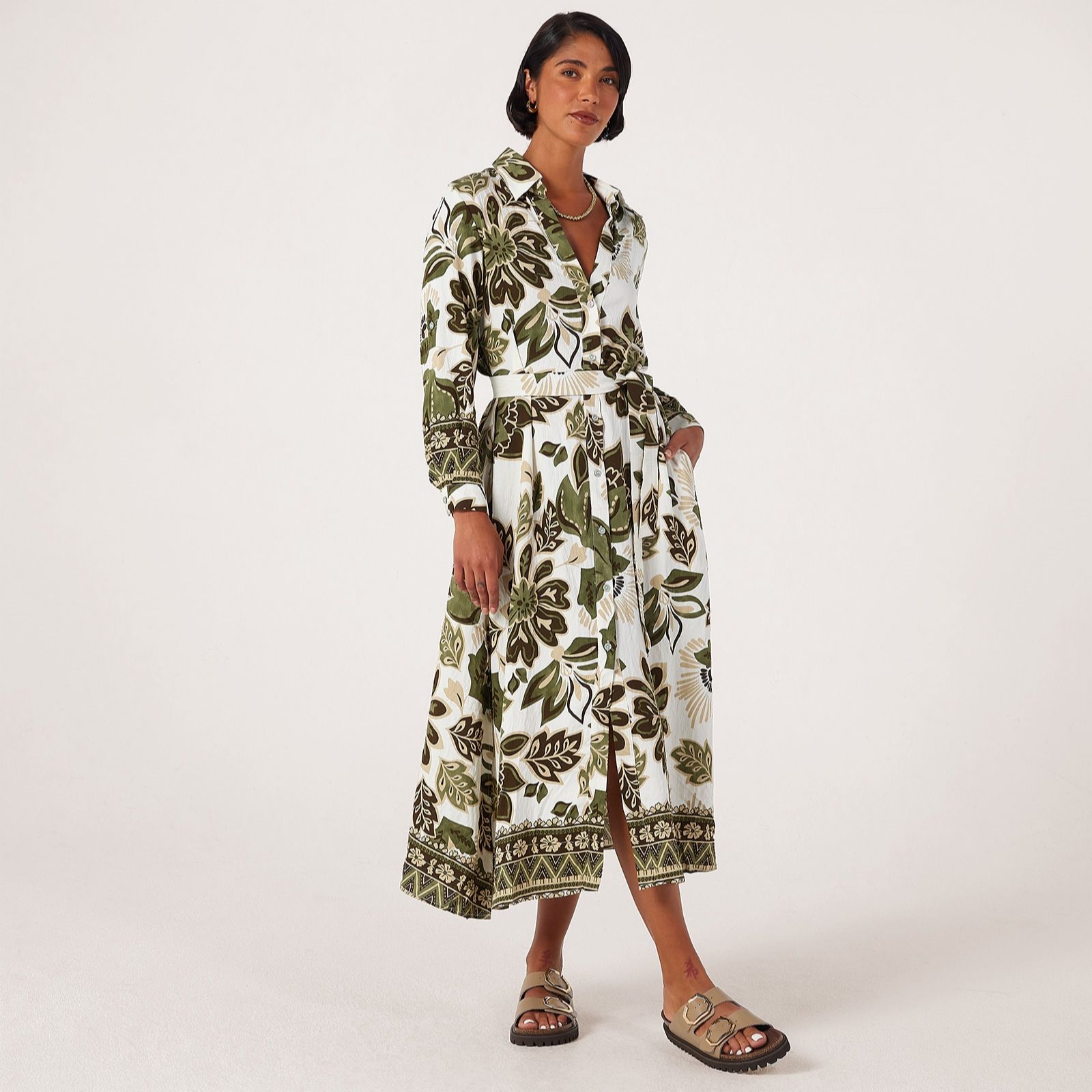 Malissa J Long Sleeve Printed Shirt Dress with Pockets
