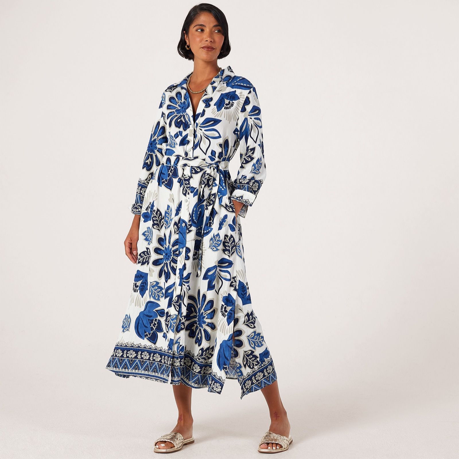 Malissa J Long Sleeve Printed Shirt Dress with Pockets