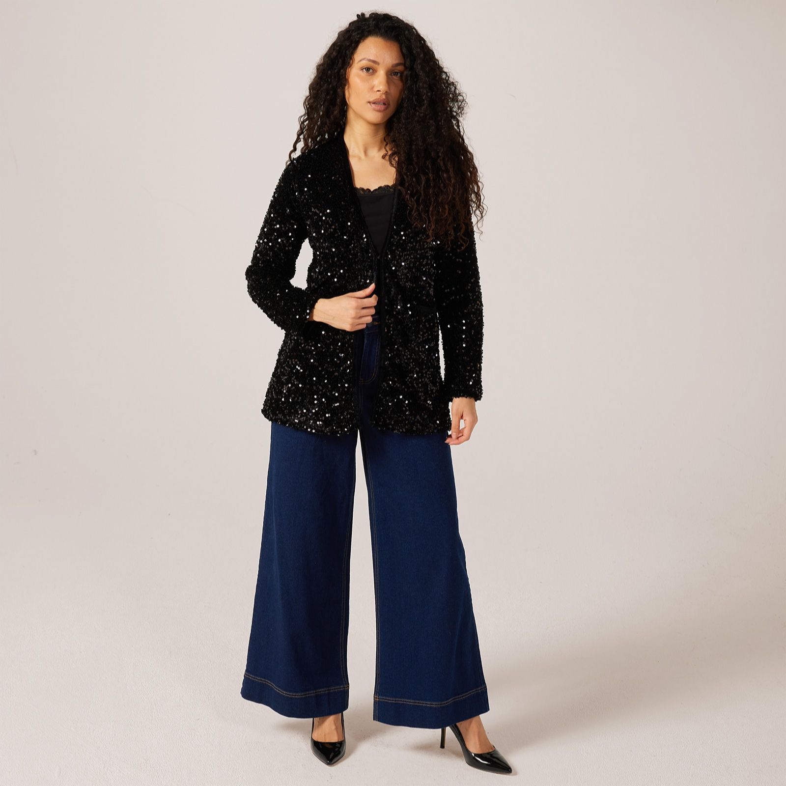 Nina Leonard Sequin Blazer Lined Sleeve Jacket QVC UK - Main Image