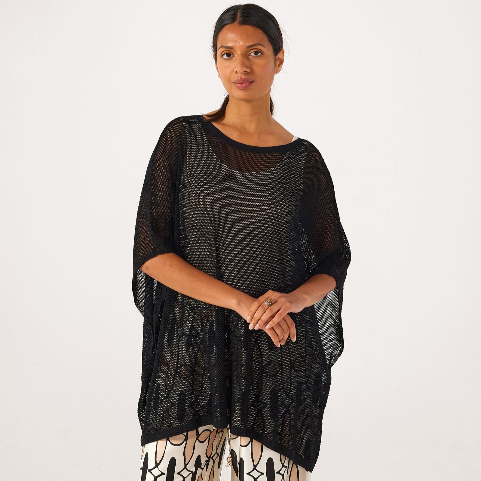 Malissa J Open Knit Poncho Style Top With Round Neck