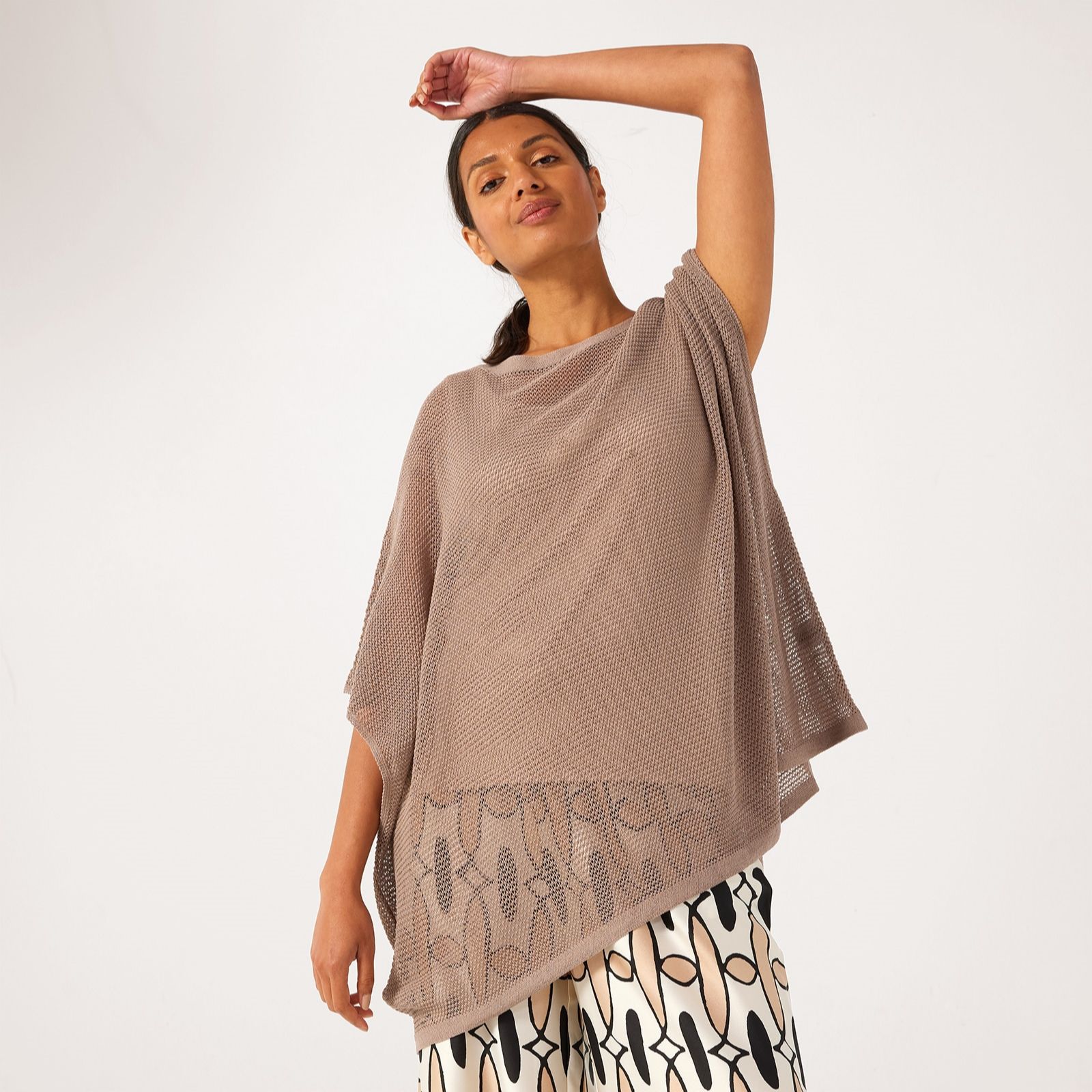 Malissa J Open Knit Poncho Style Top With Round Neck