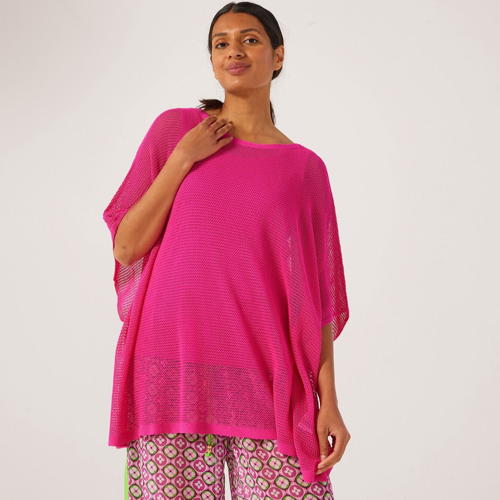 Malissa J Open Knit Poncho Style Top With Round Neck