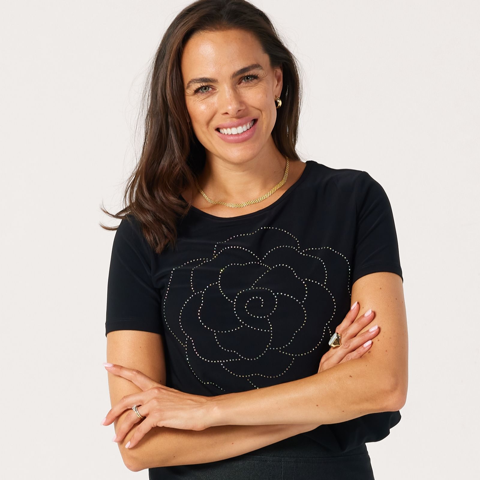 Kim & Co Deluxe Brazil Jersey High Low Rhinestone Flower Print Top