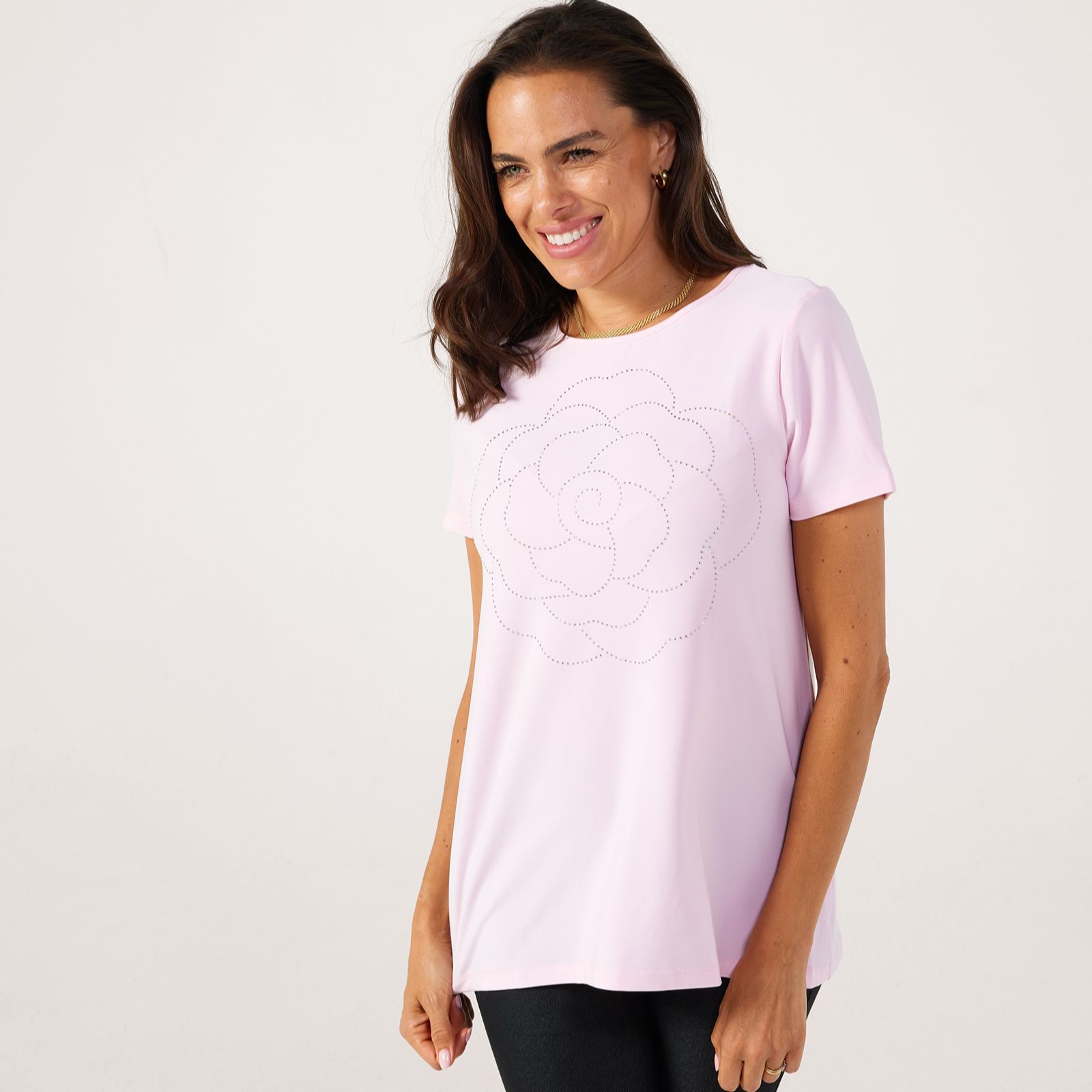 Kim & Co Deluxe Brazil Jersey High Low Rhinestone Flower Print Top