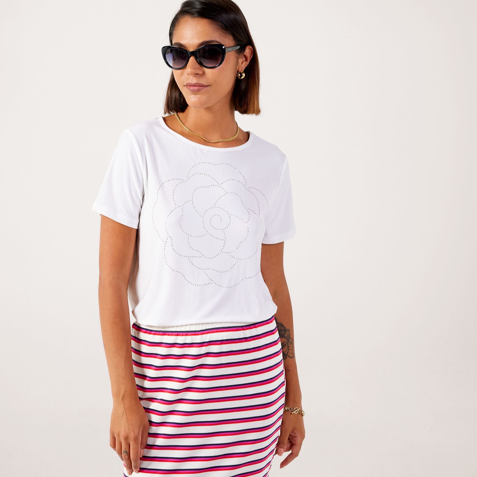 Kim & Co Deluxe Brazil Jersey High Low Rhinestone Flower Print Top