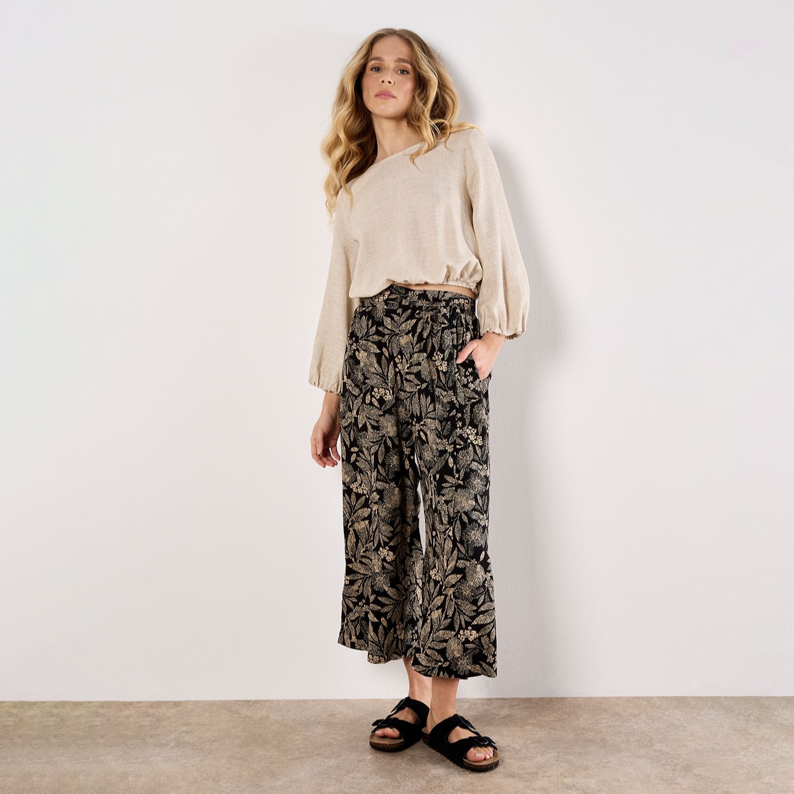 Apricot Batik Leaf Belted Culotte Trousers