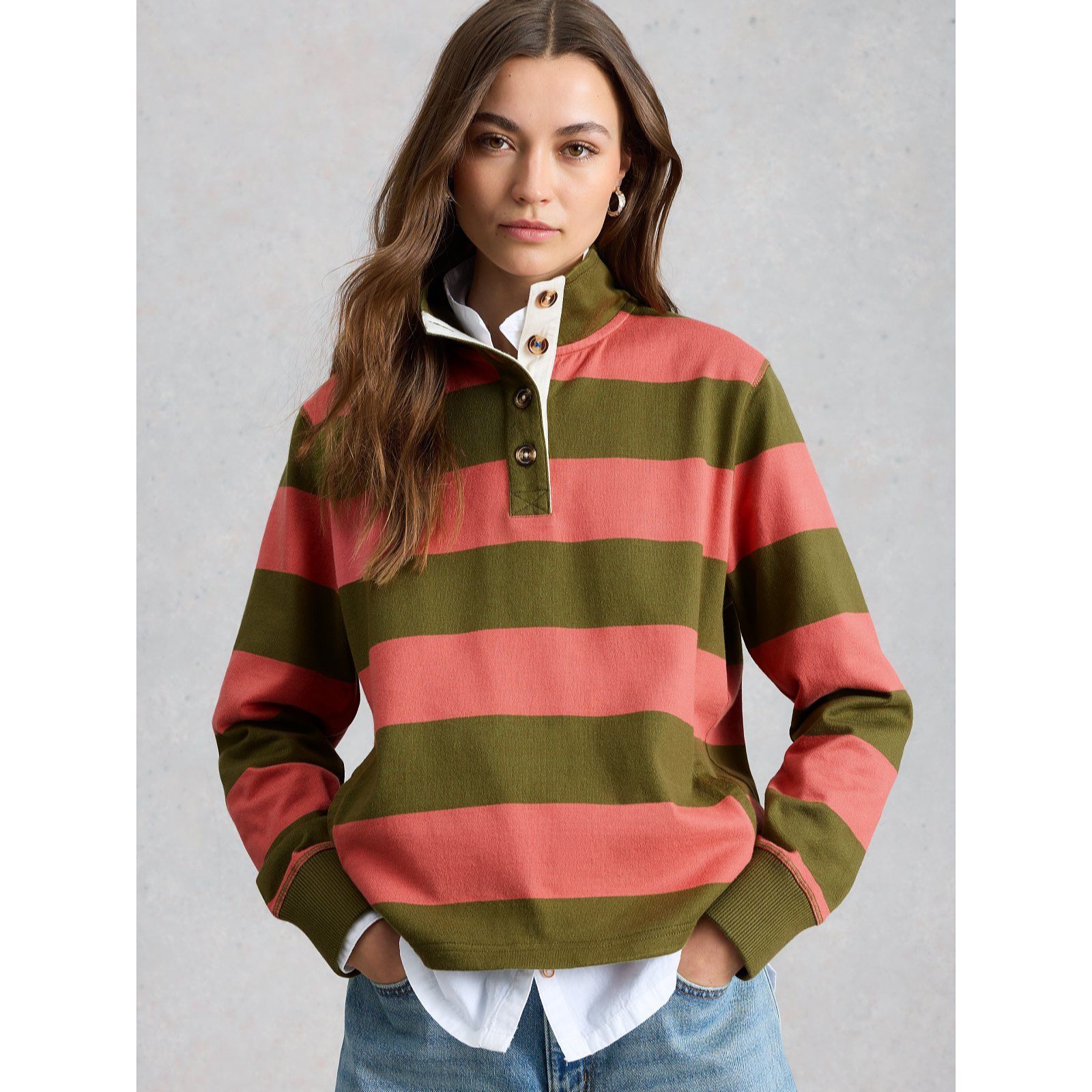 White Stuff Bobby Button Stripe Sweat Top