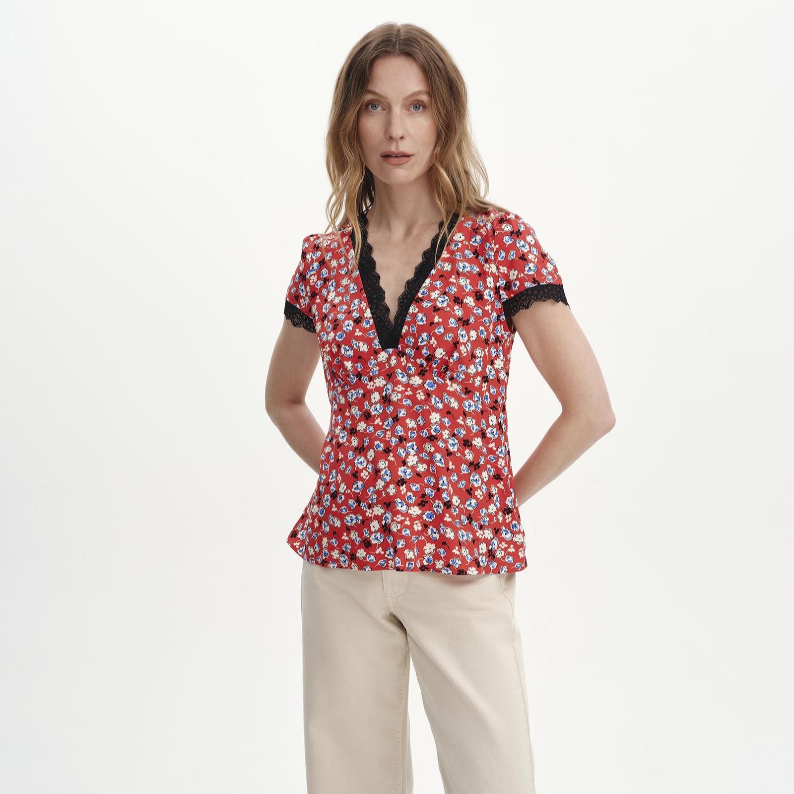 Finery London Lacie Floral Print Lace Trim V Neck Empire Waist Top