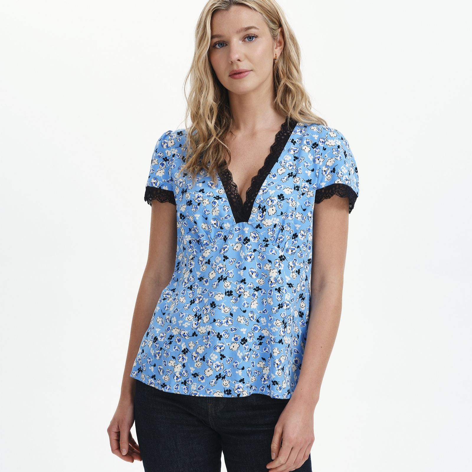Finery London Lacie Floral Print Lace Trim V Neck Empire Waist Top