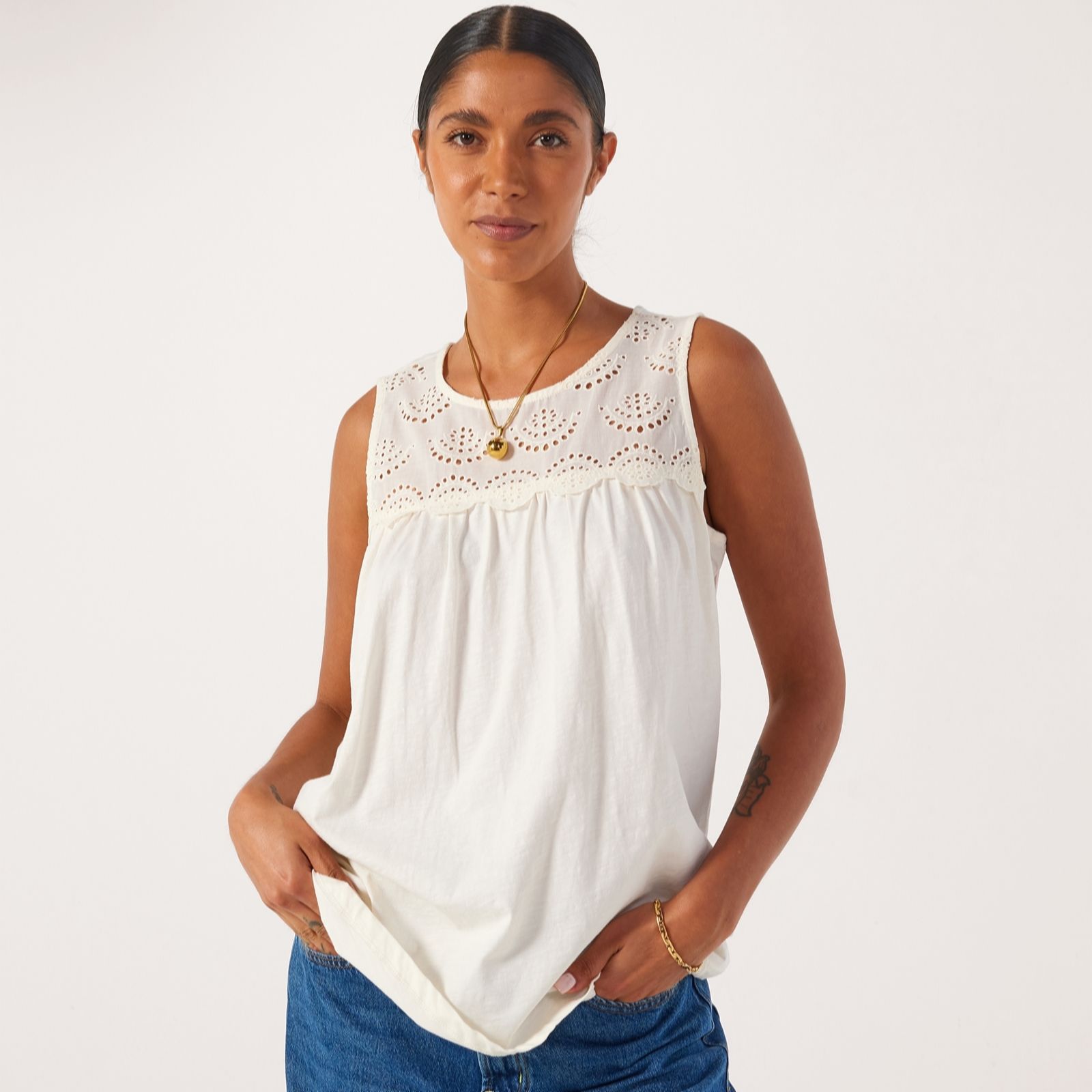 Denim & Co. Mixed Media Broderie Sleeveless Top