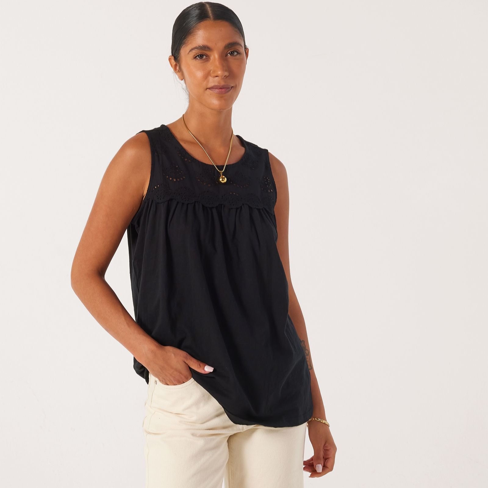 Denim & Co. Mixed Media Broderie Sleeveless Top