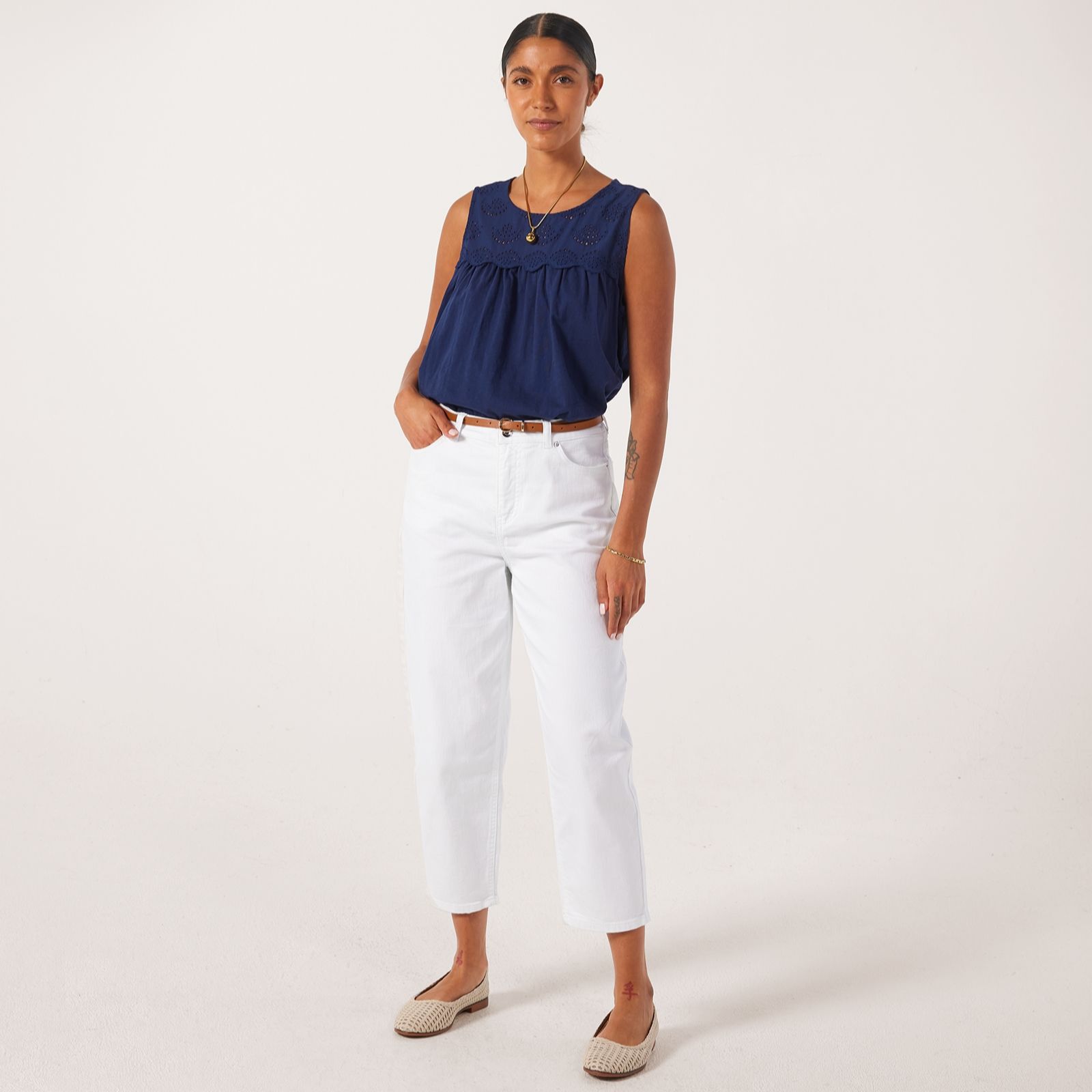 Denim & Co. Mixed Media Broderie Sleeveless Top