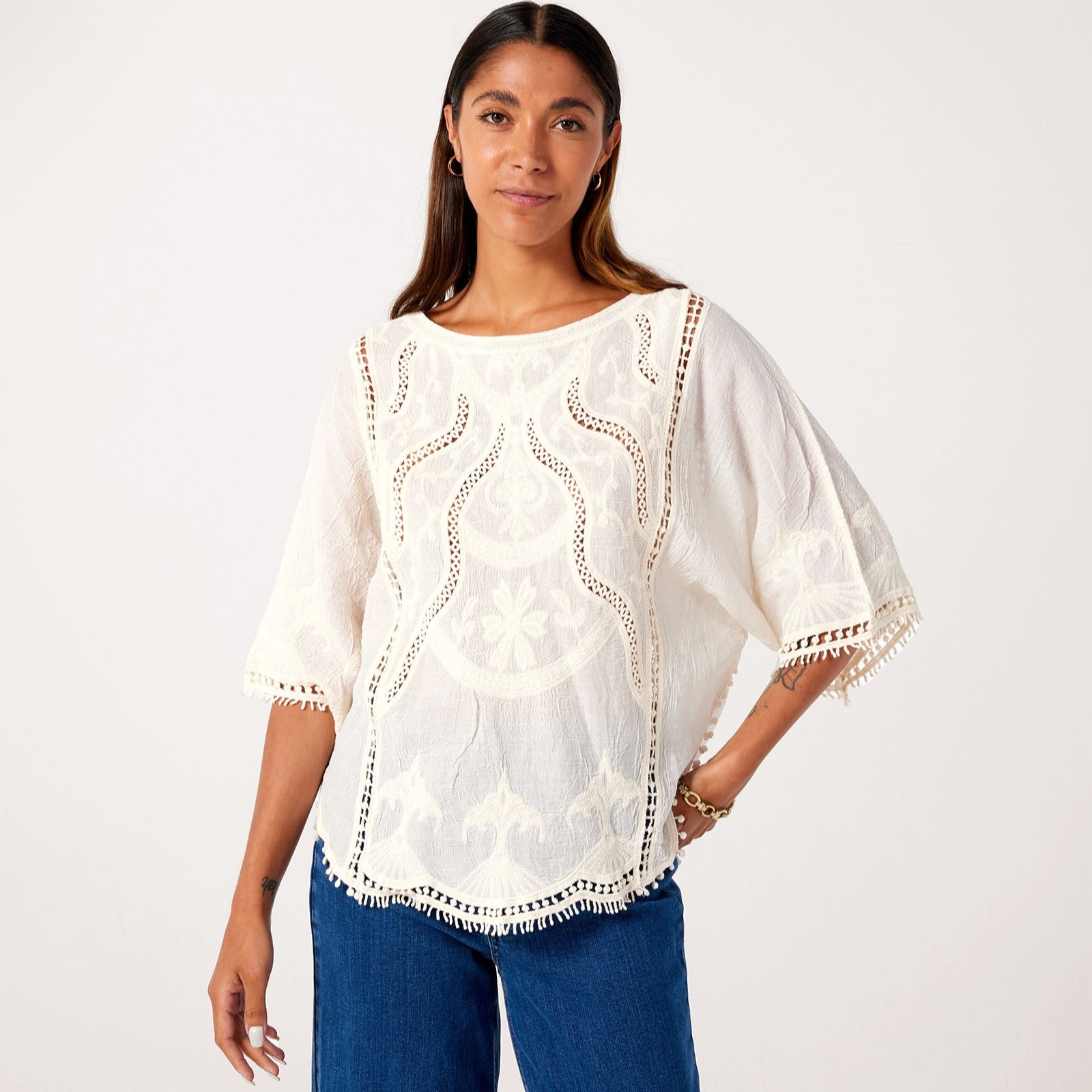 Apricot Embroidered Cotton Crochet Top