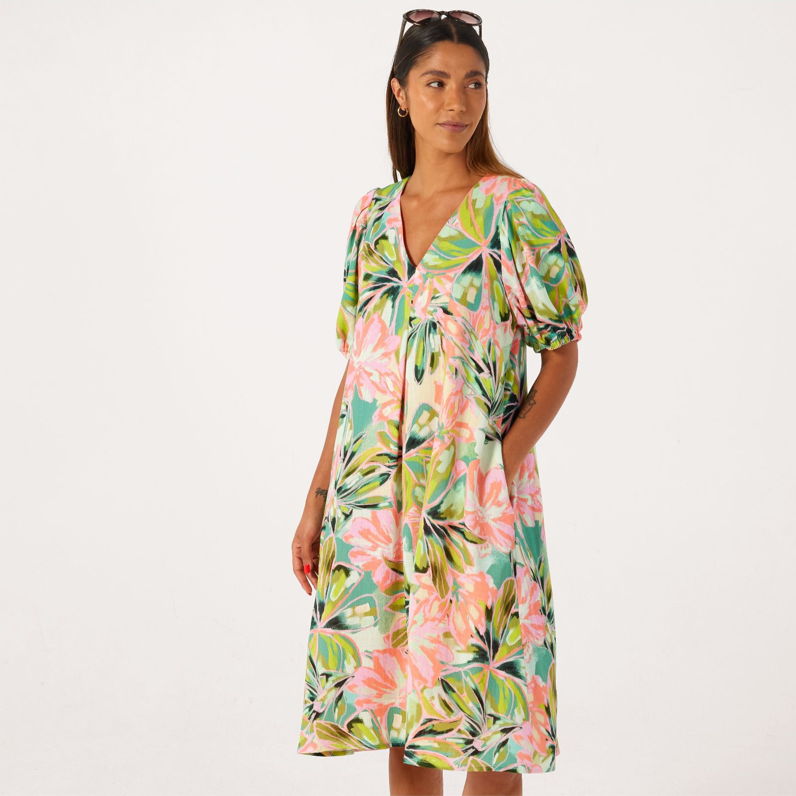Helene Berman Linen Mix Tropical Print Puff Sleeve Dress
