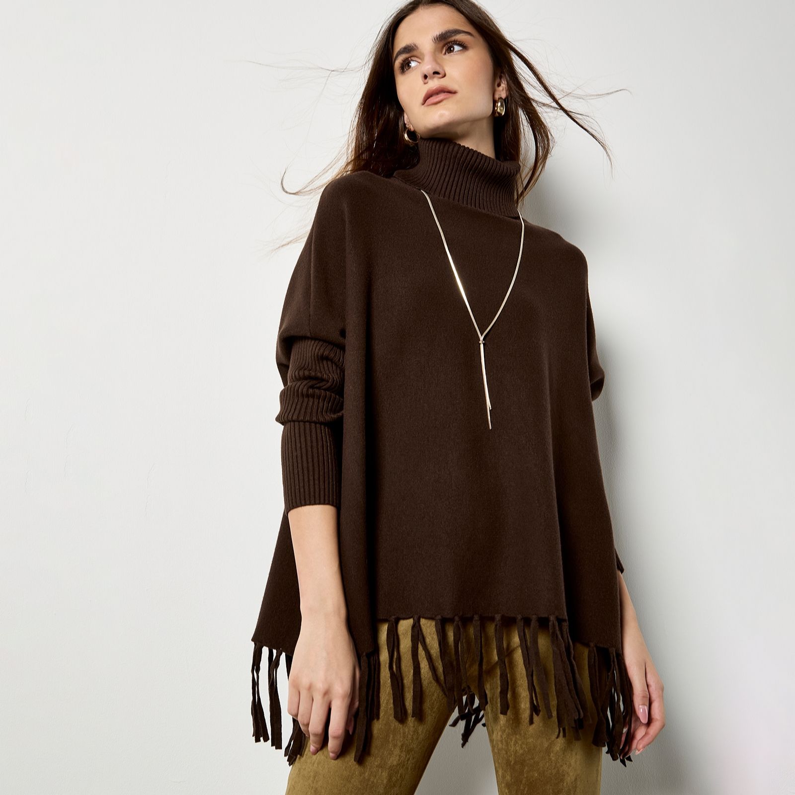 Apricot Roll Neck Fringed Ponch Jumper