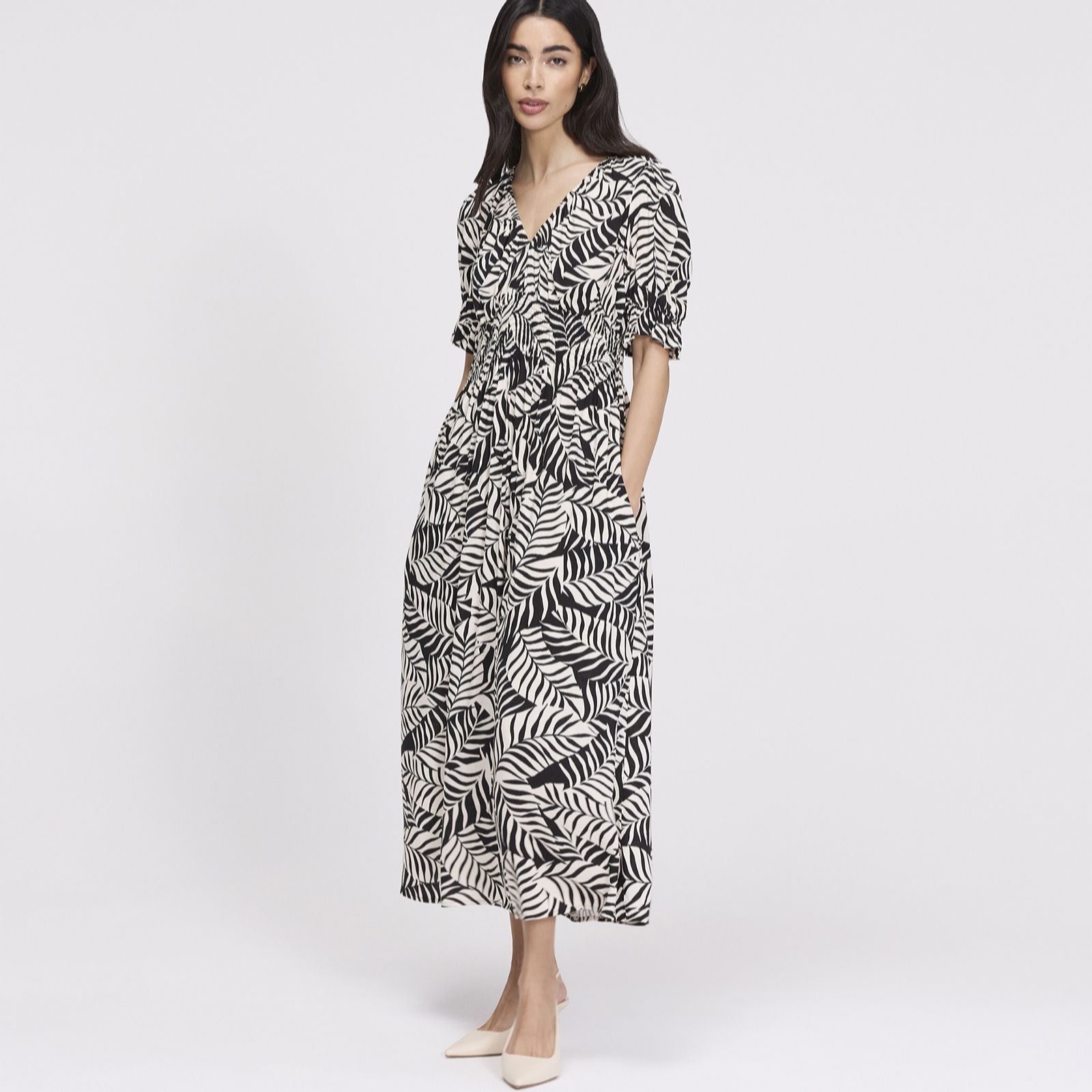 Finery London Lorelai Palm Print Viscose Dress Standard Length