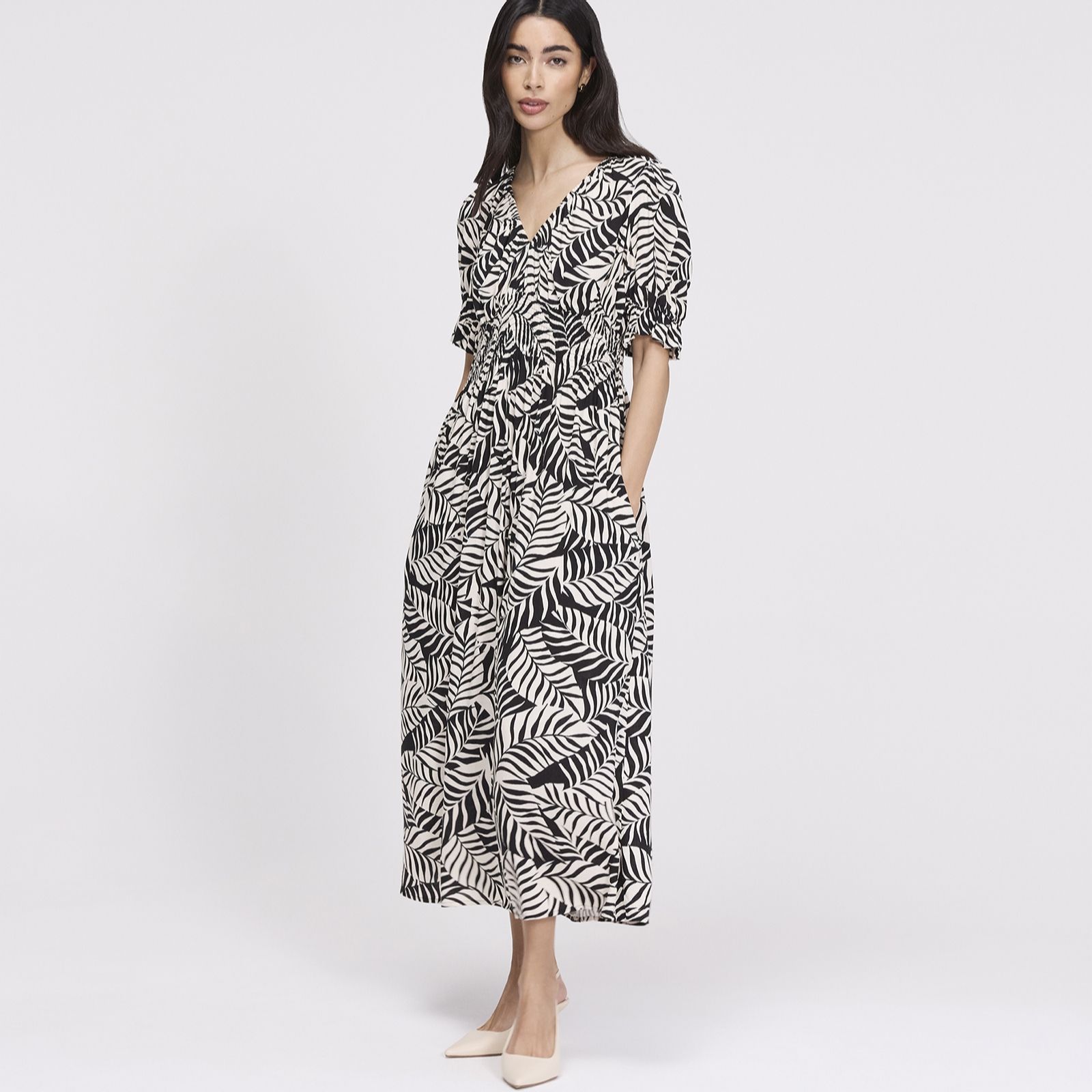 Finery London Lorelai Palm Print Viscose Dress Standard Length