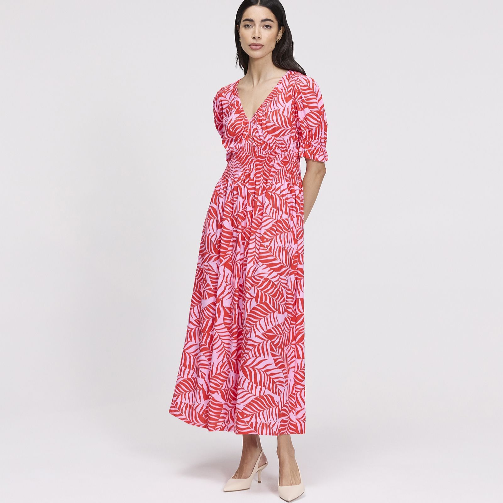Finery London Lorelai Palm Print Viscose Dress Standard Length