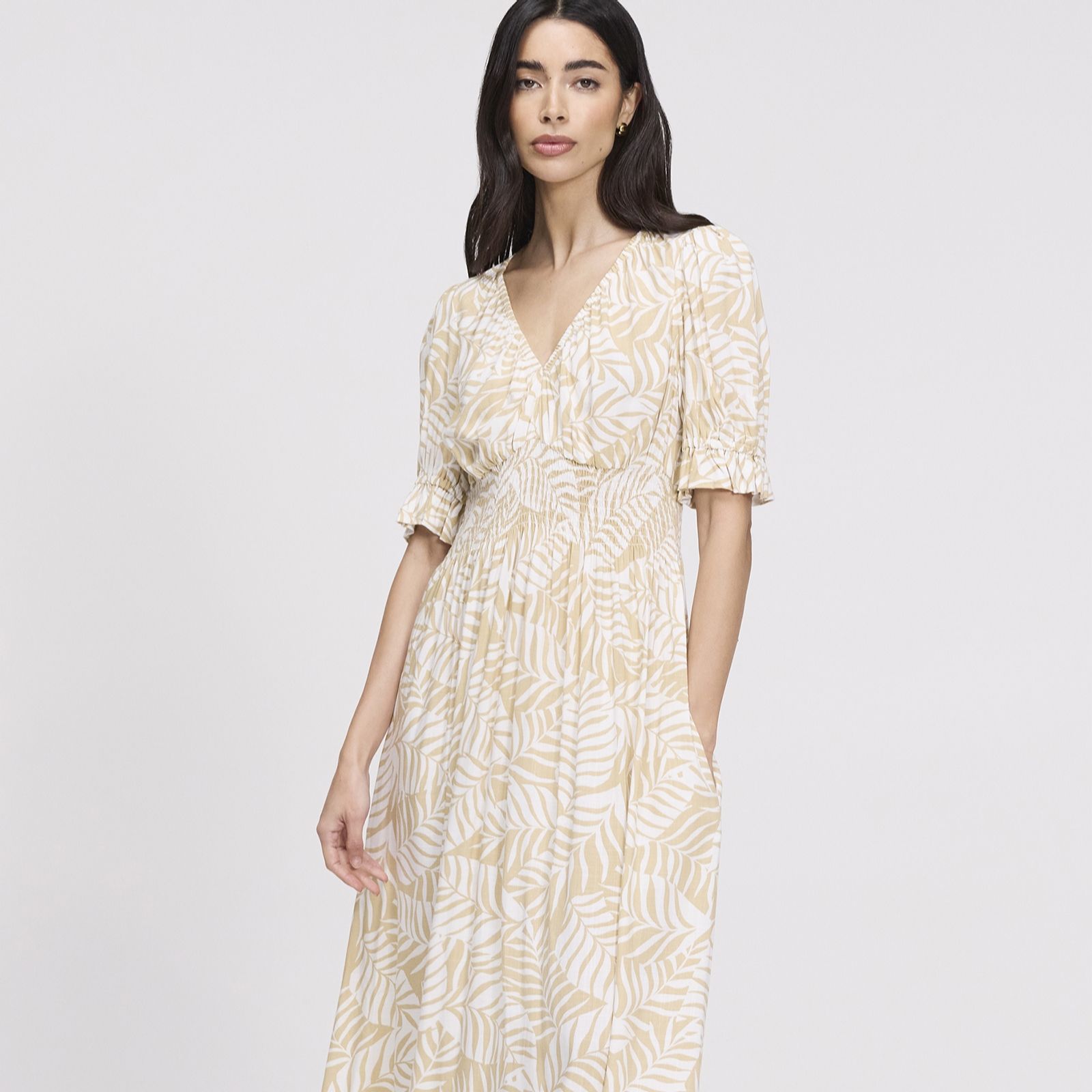 Finery London Lorelai Palm Print Viscose Dress Standard Length